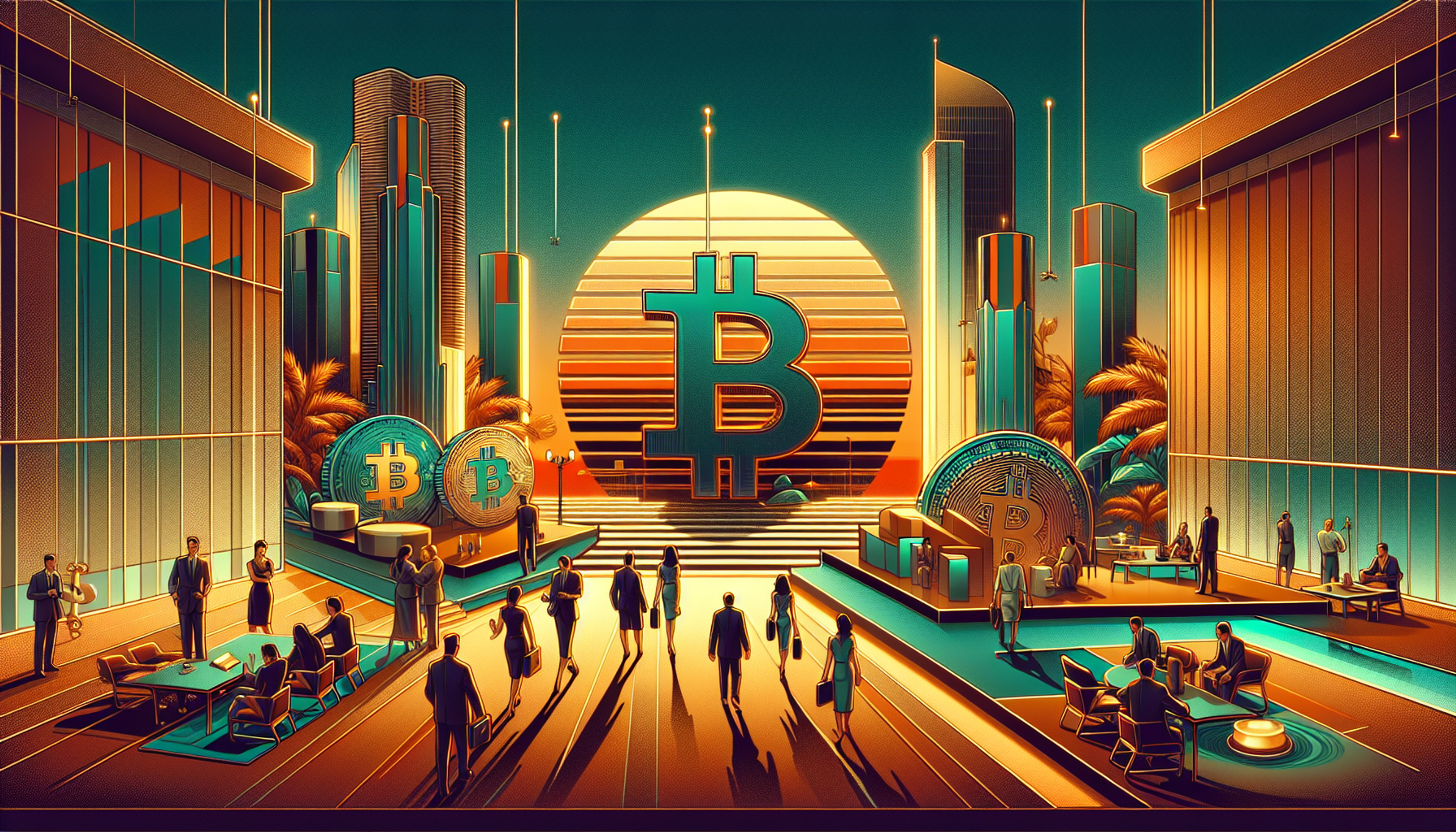 Futuristic cityscape with Bitcoin symbols and