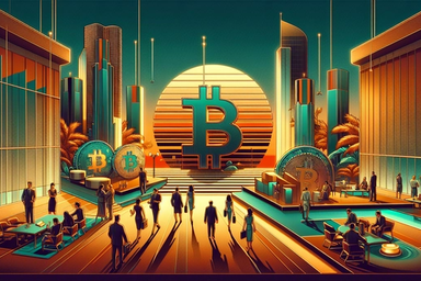 Futuristic cityscape with Bitcoin symbols and