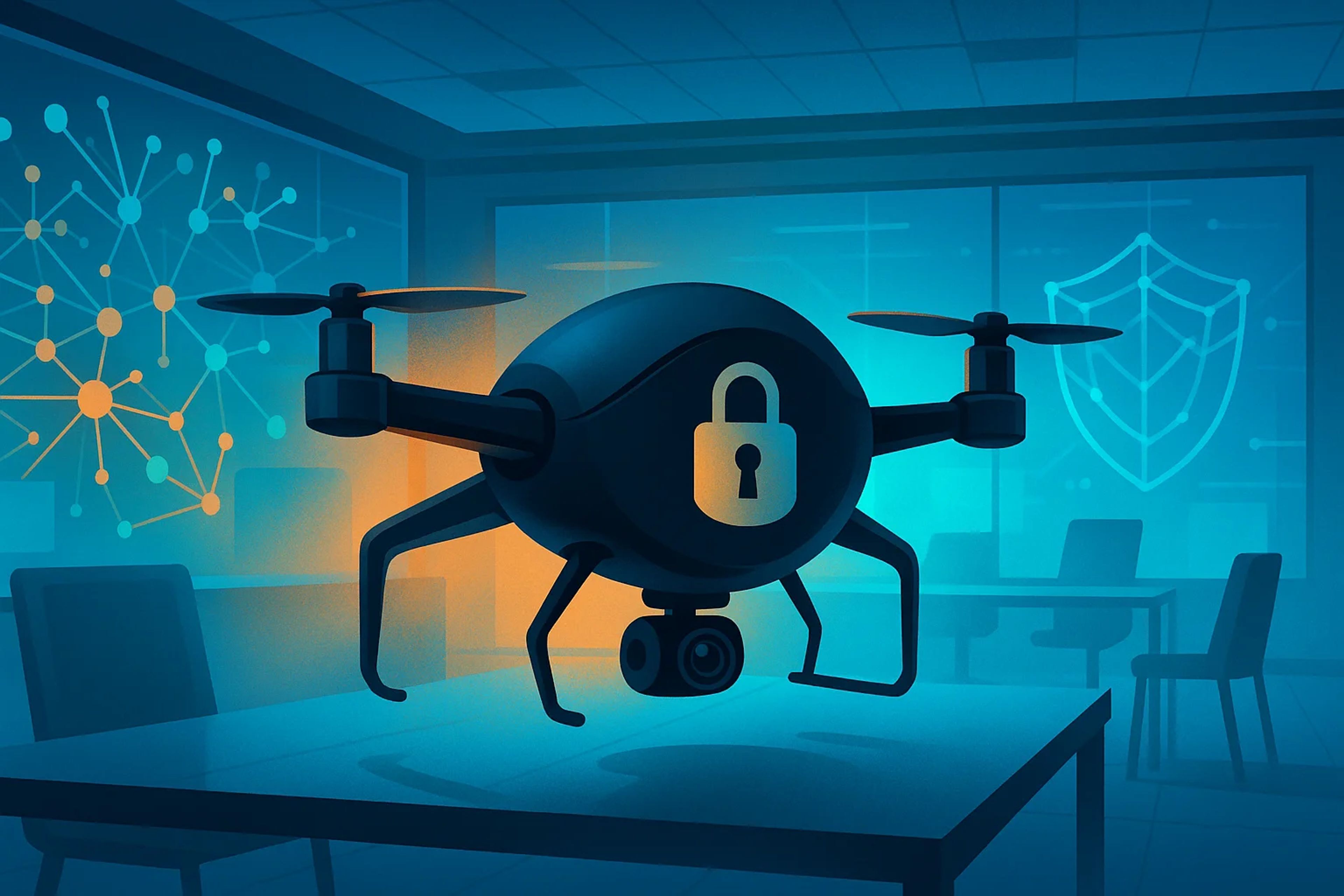 A drone with a lock symbol on it, sitting on a