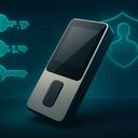 A sleek device with a touchscreen, surrounded by