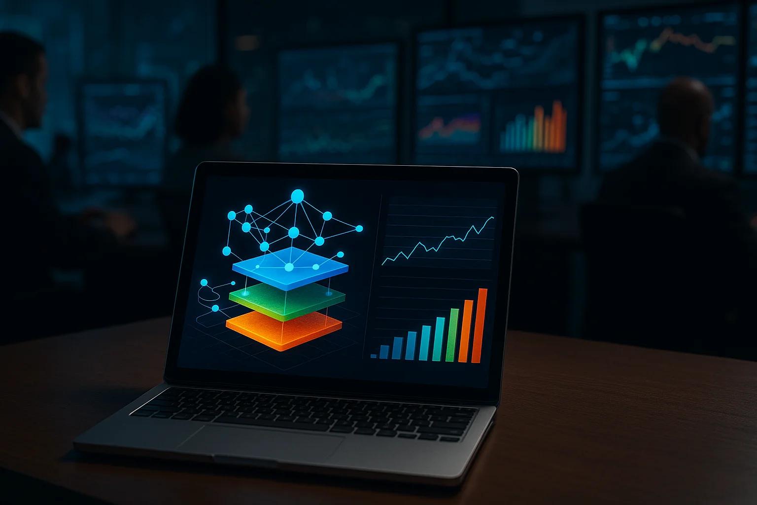 Laptop displaying colorful data visualizations
