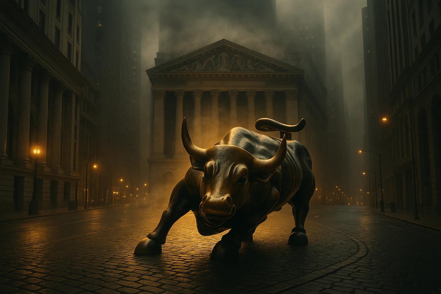 A large bronze bull statue in a foggy urban street