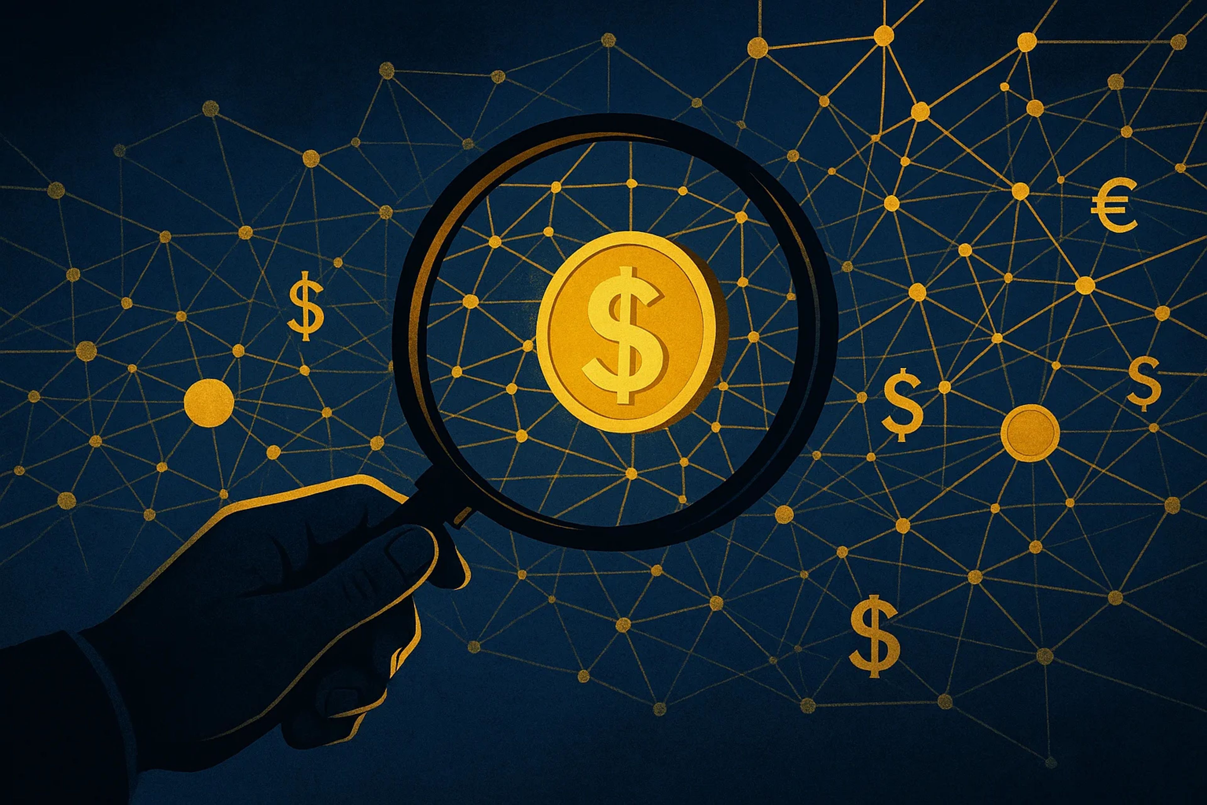 A hand holding a magnifying glass over a dollar