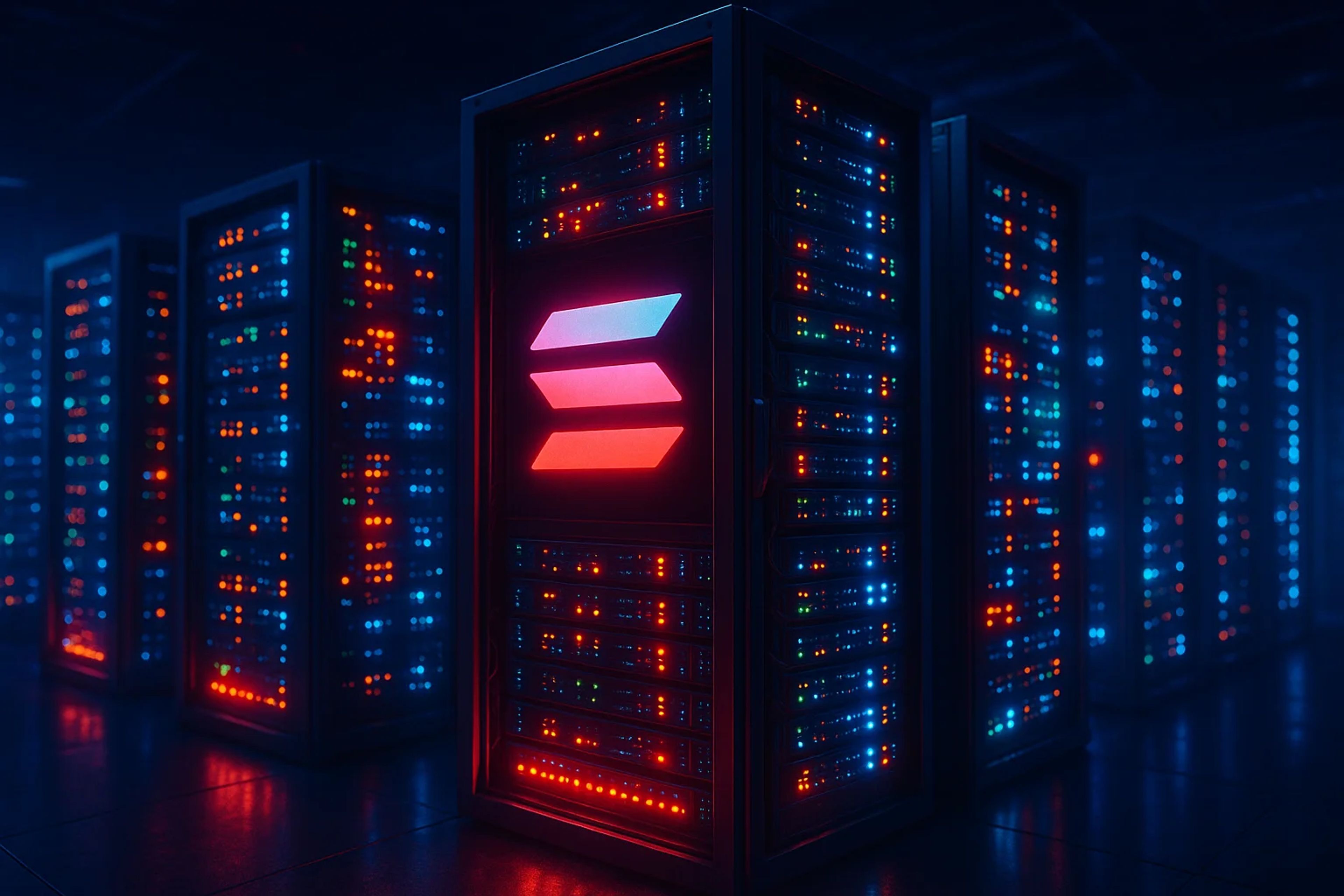 Rows of illuminated server racks in blue and red
