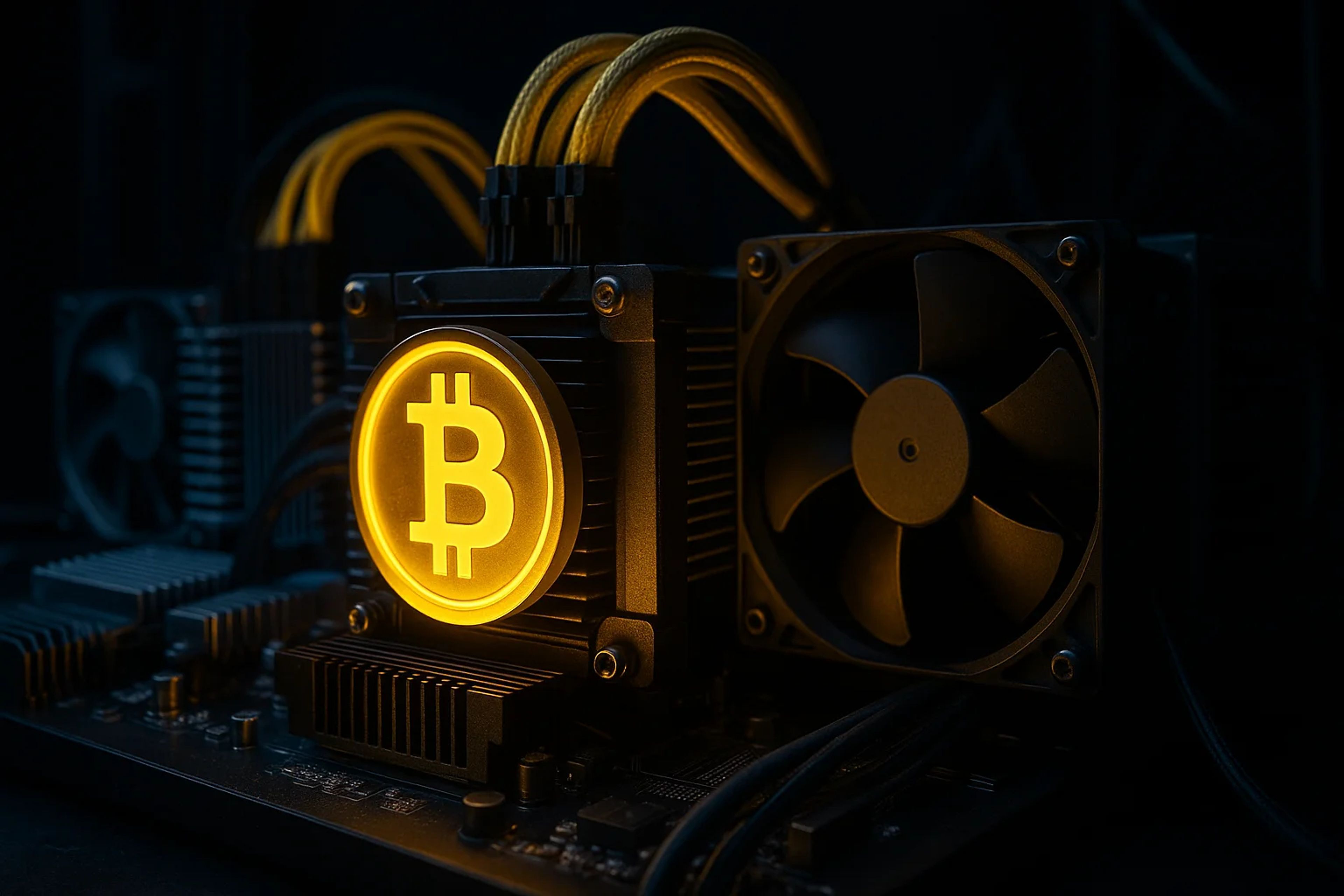 A glowing Bitcoin symbol on a computer cooling