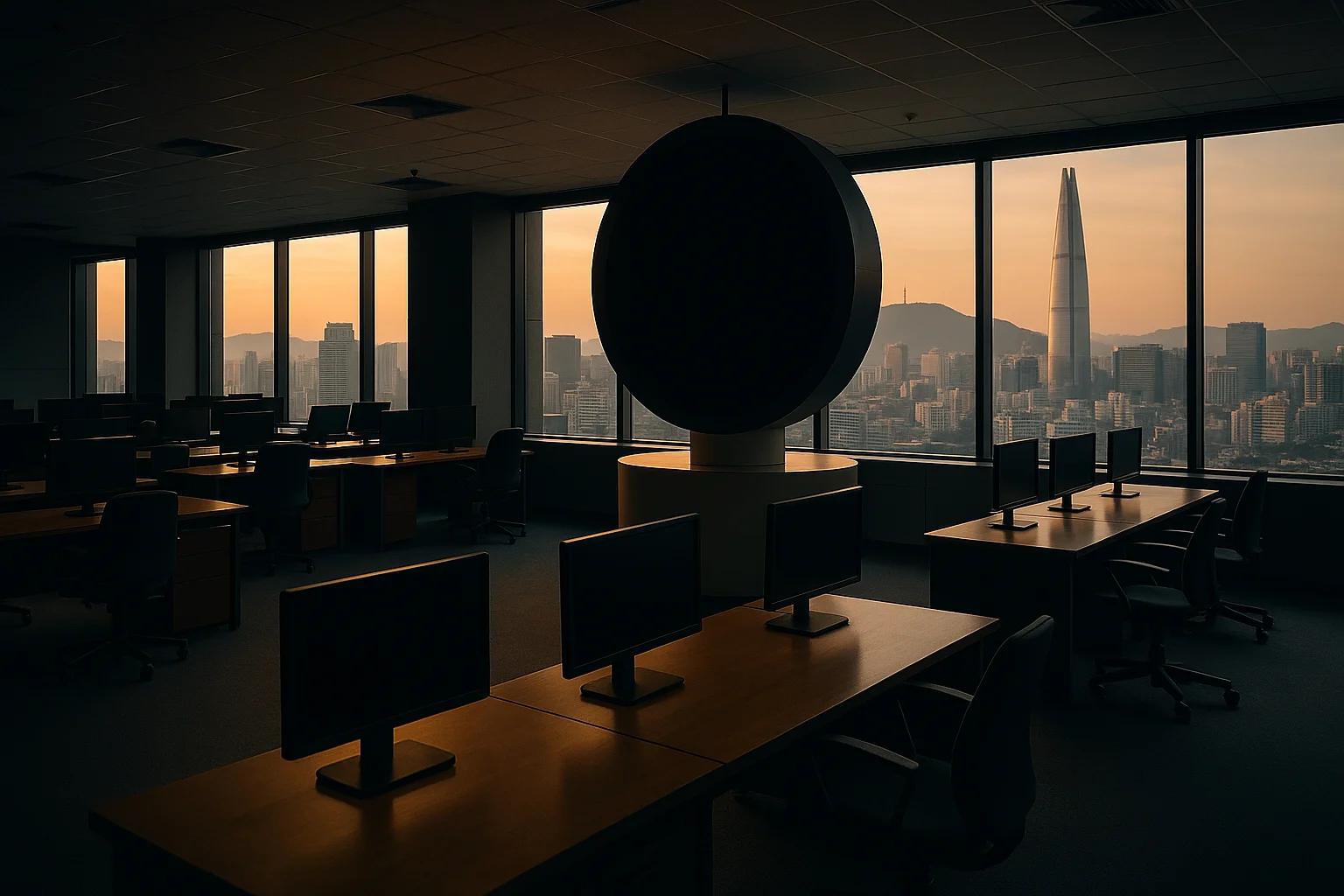 Dark office space with desks and monitors, city