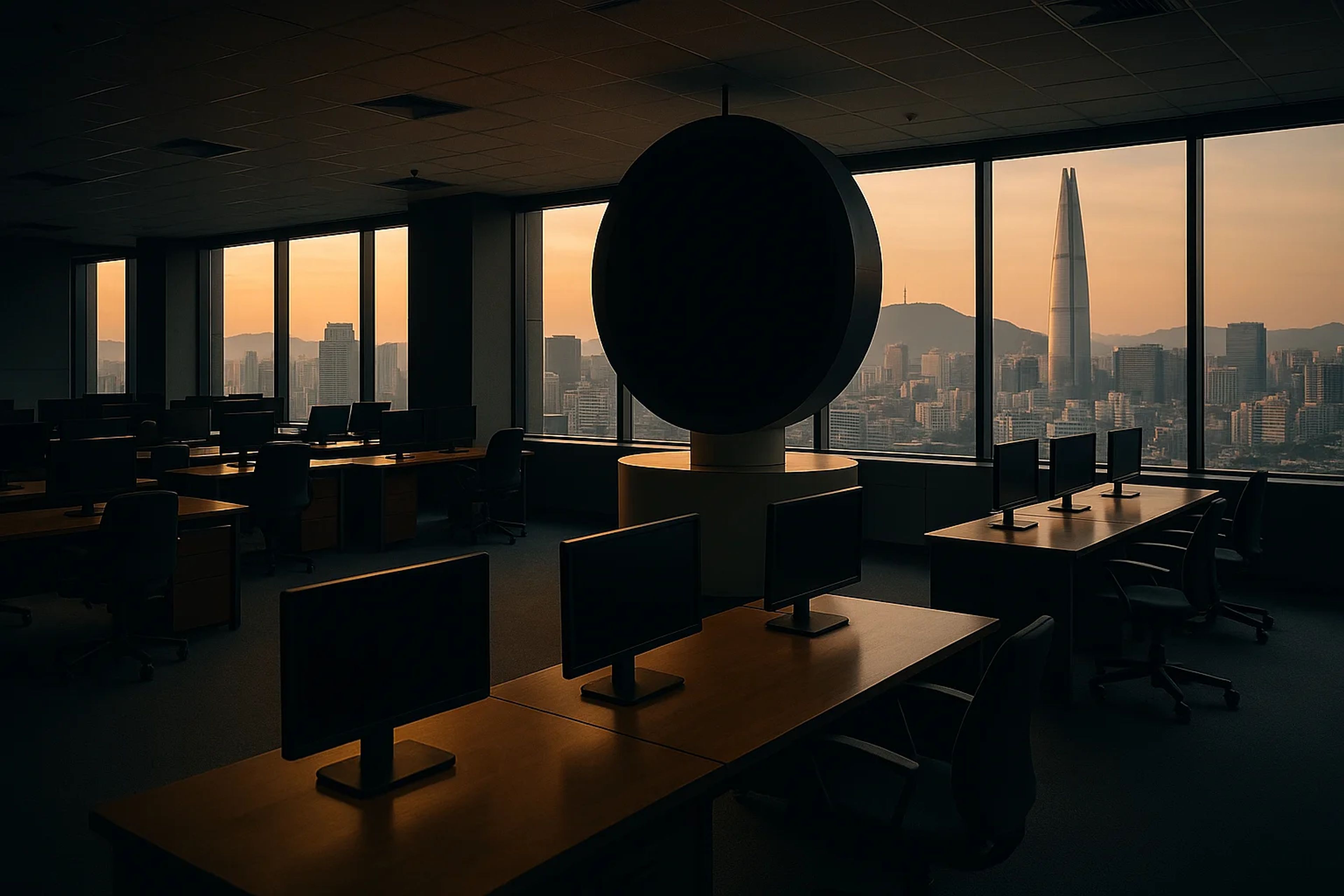Dark office space with desks and monitors, city