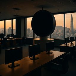Dark office space with desks and monitors, city