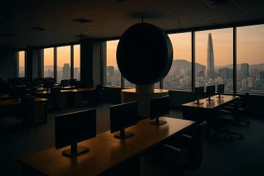 Dark office space with desks and monitors, city