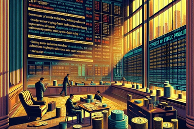 A bustling trading room with large windows, warm