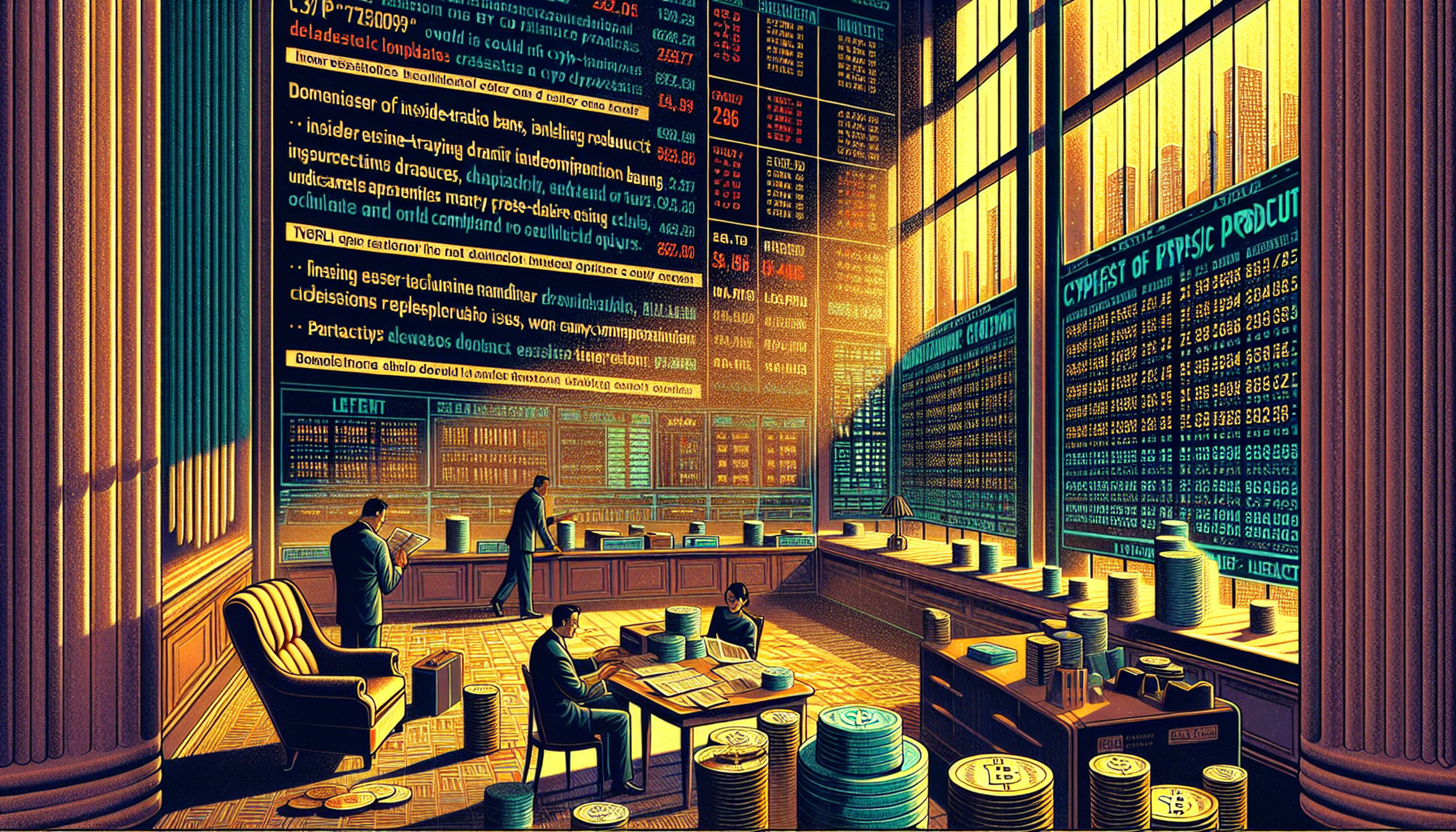 A bustling trading room with large windows, warm