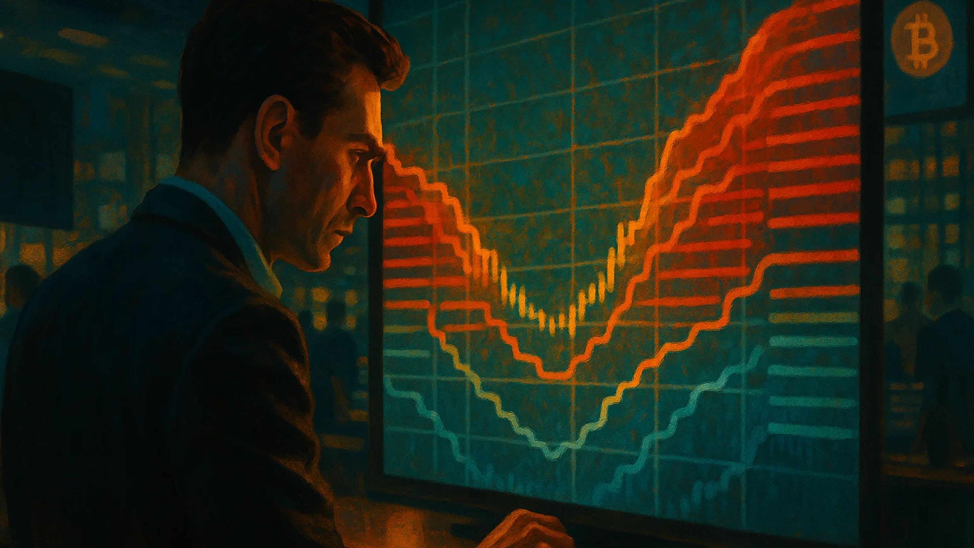 A man in a suit observes a large screen