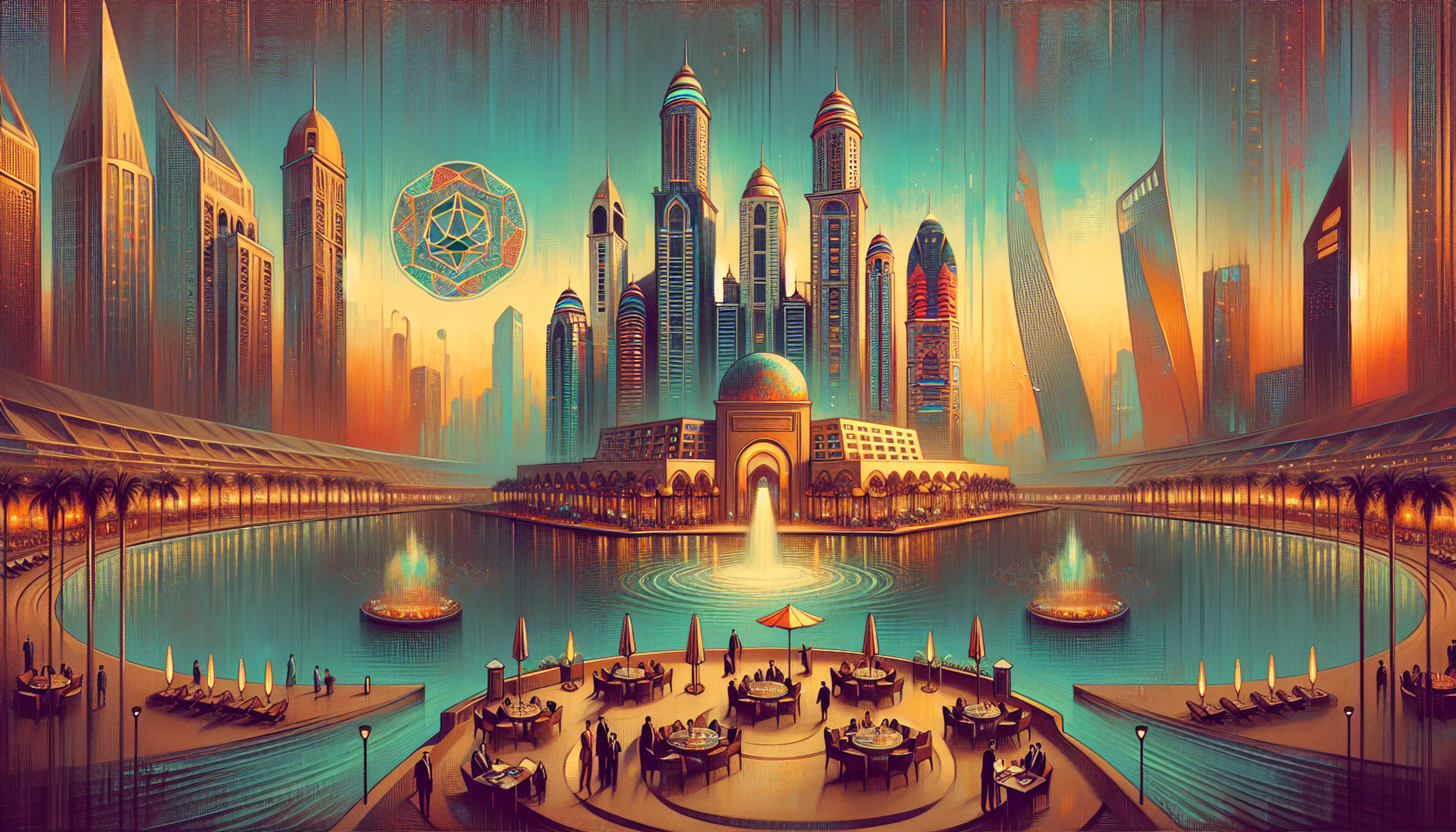 Futuristic cityscape with tall skyscrapers and a