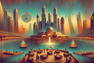 Futuristic cityscape with tall skyscrapers and a