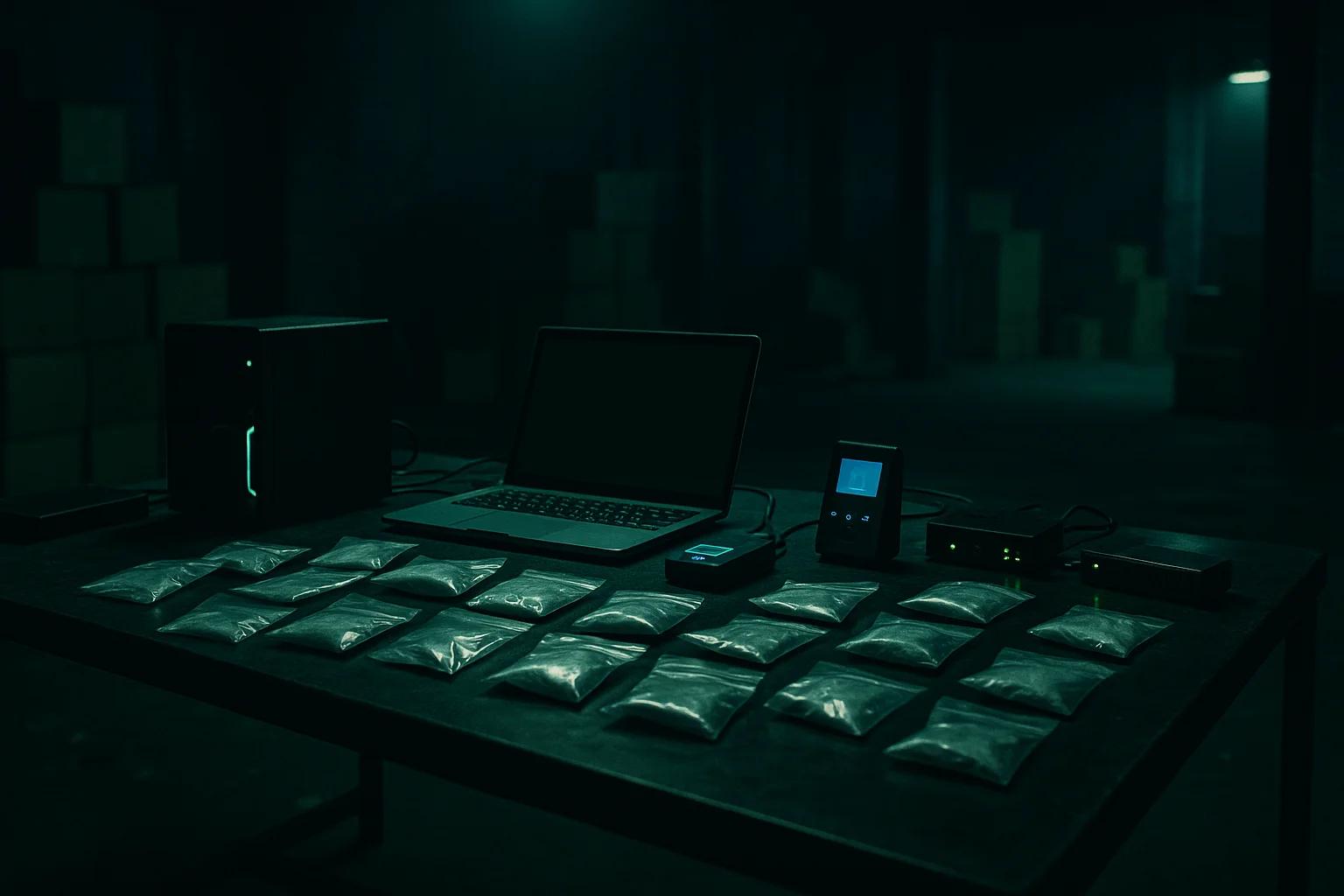 Dimly lit room with a table displaying bags and