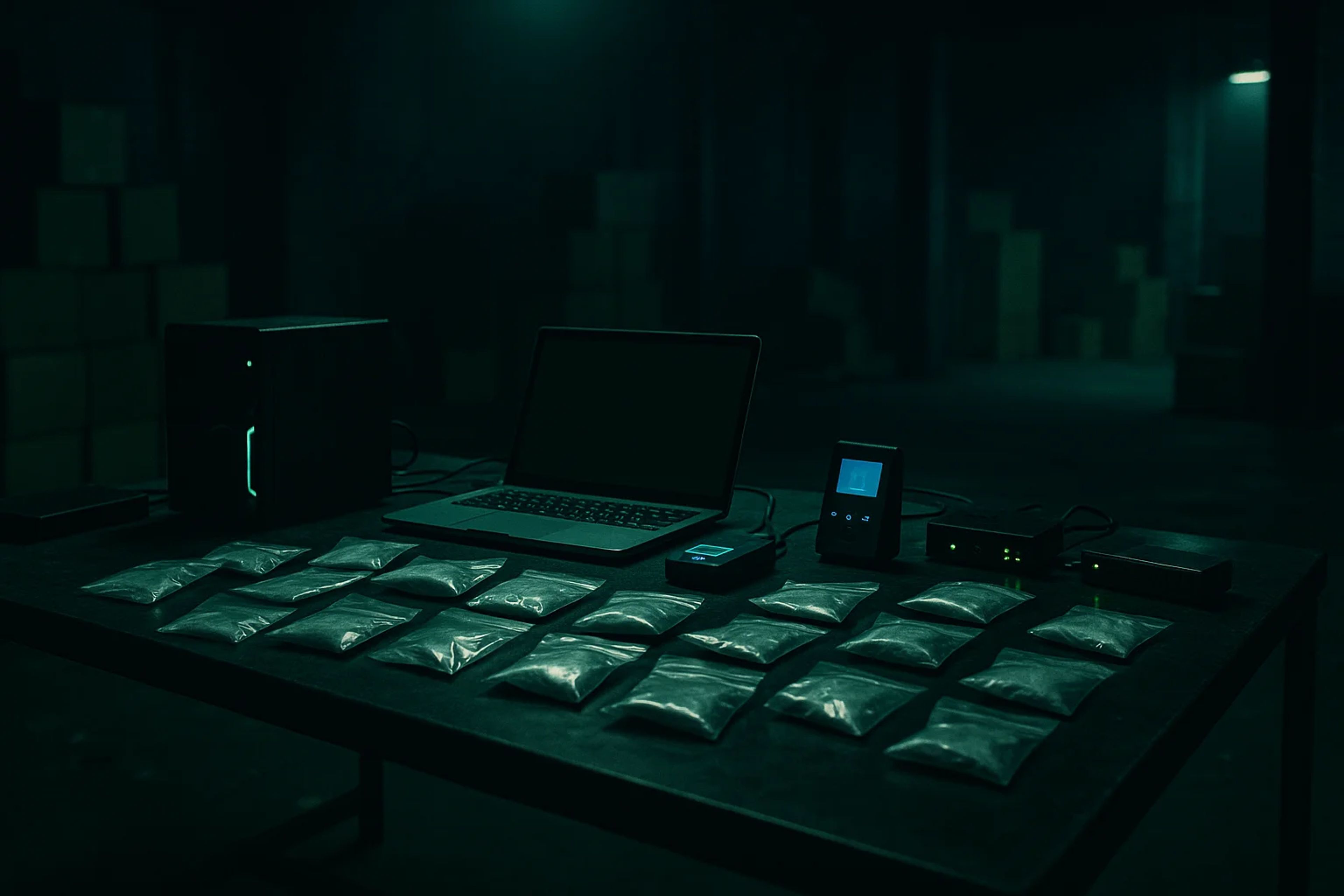 Dimly lit room with a table displaying bags and
