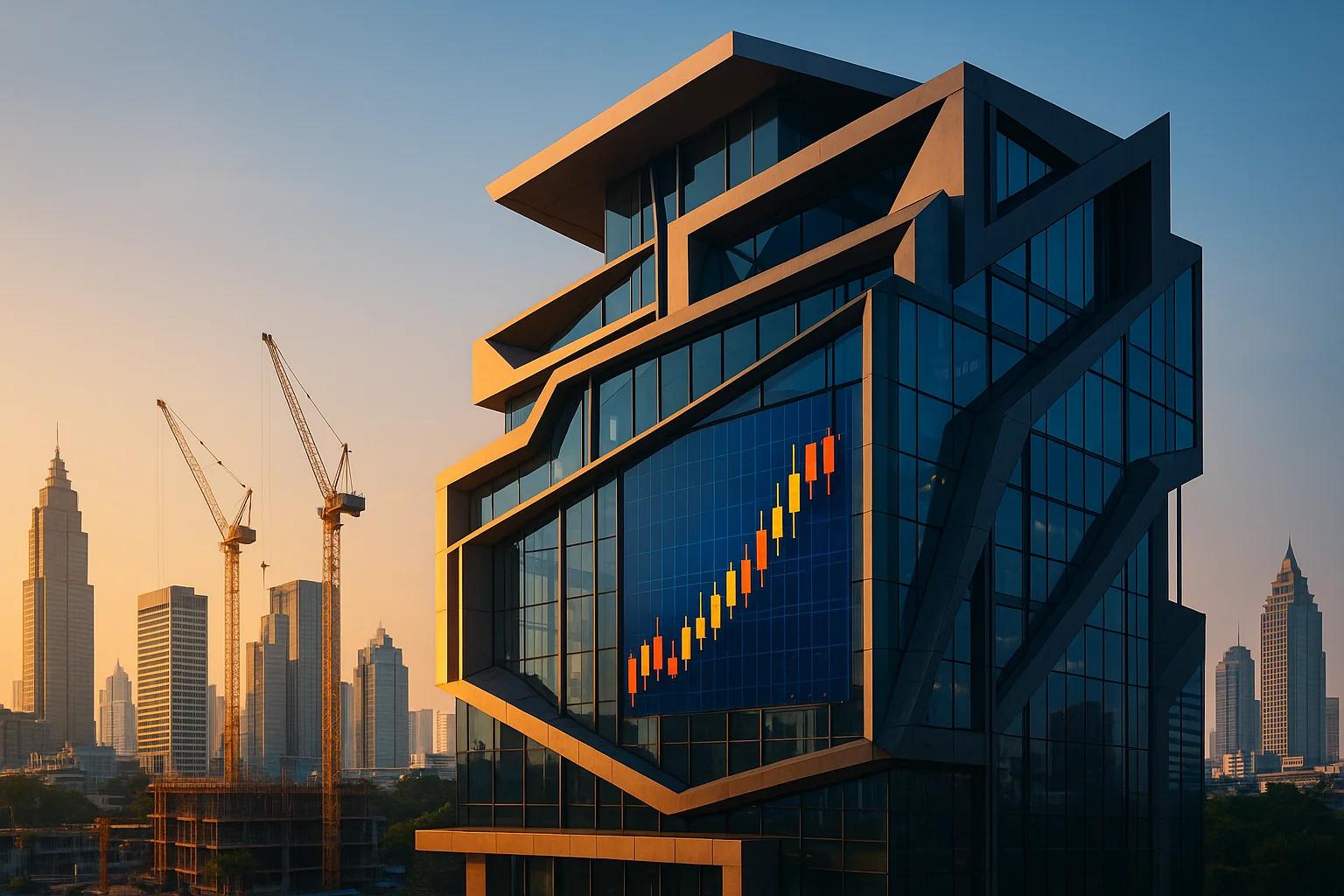 Modern building with a geometric design at sunset