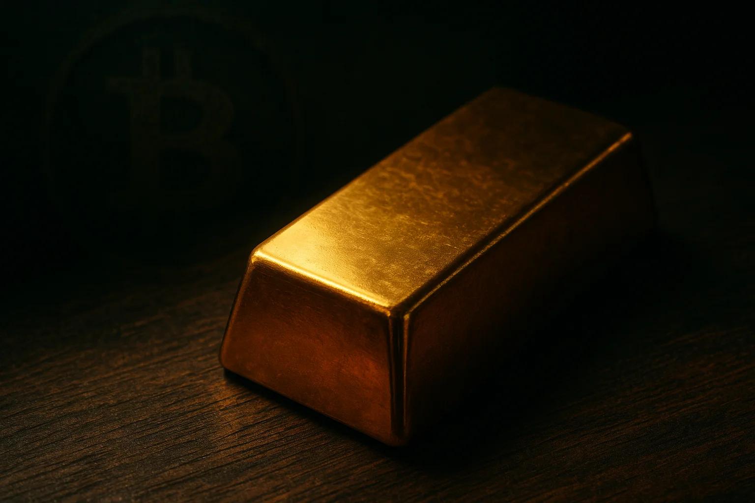 A shiny gold bar resting on a wooden surface