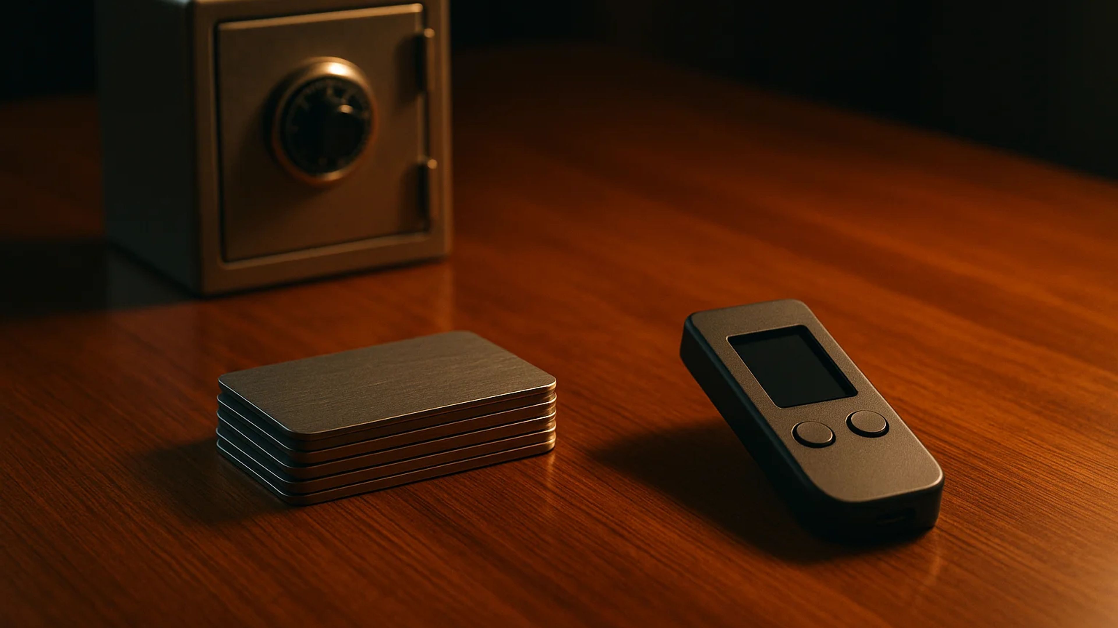 A metallic safe next to a stack of cards and a