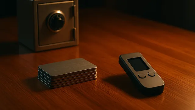 A metallic safe next to a stack of cards and a
