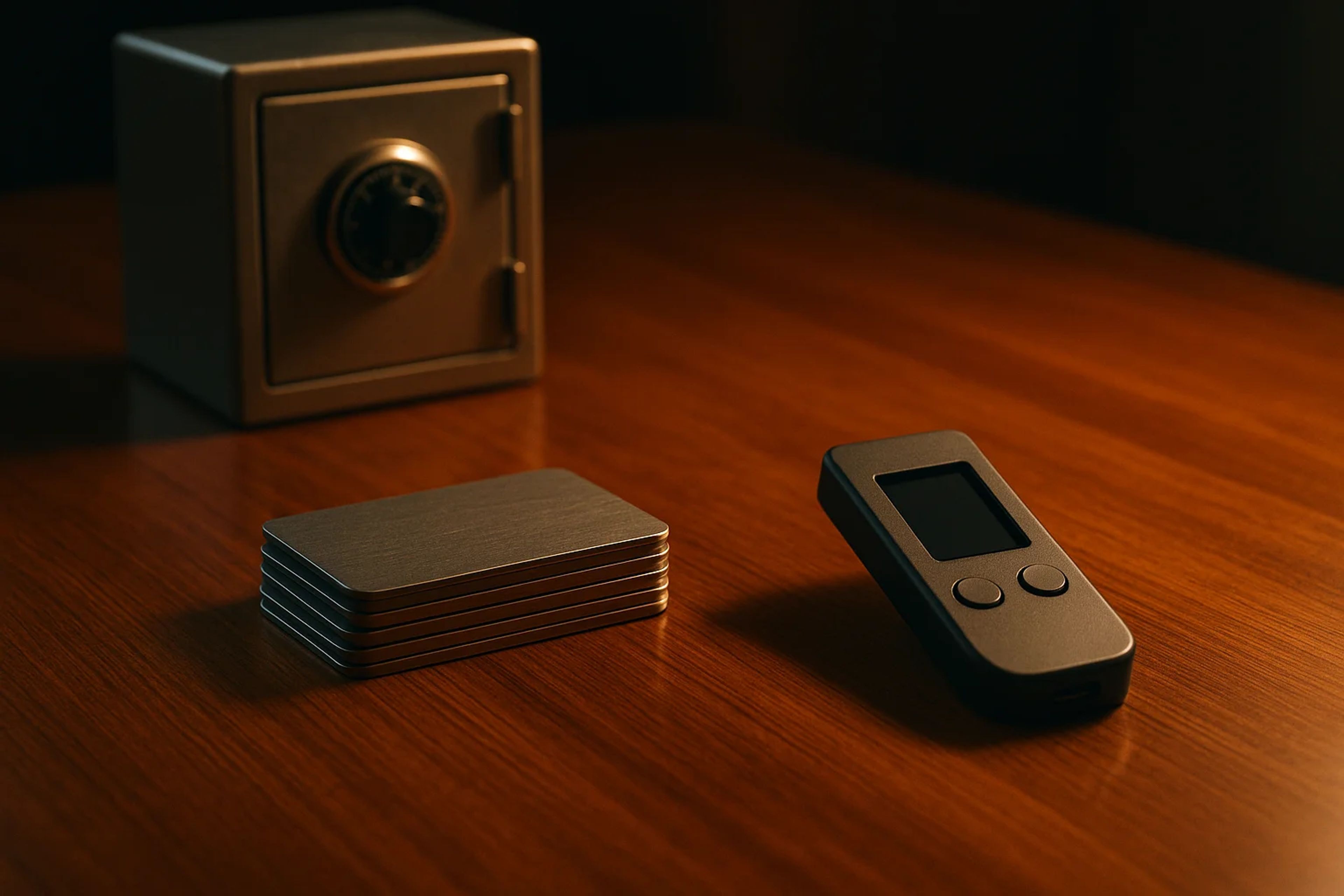 A metallic safe next to a stack of cards and a