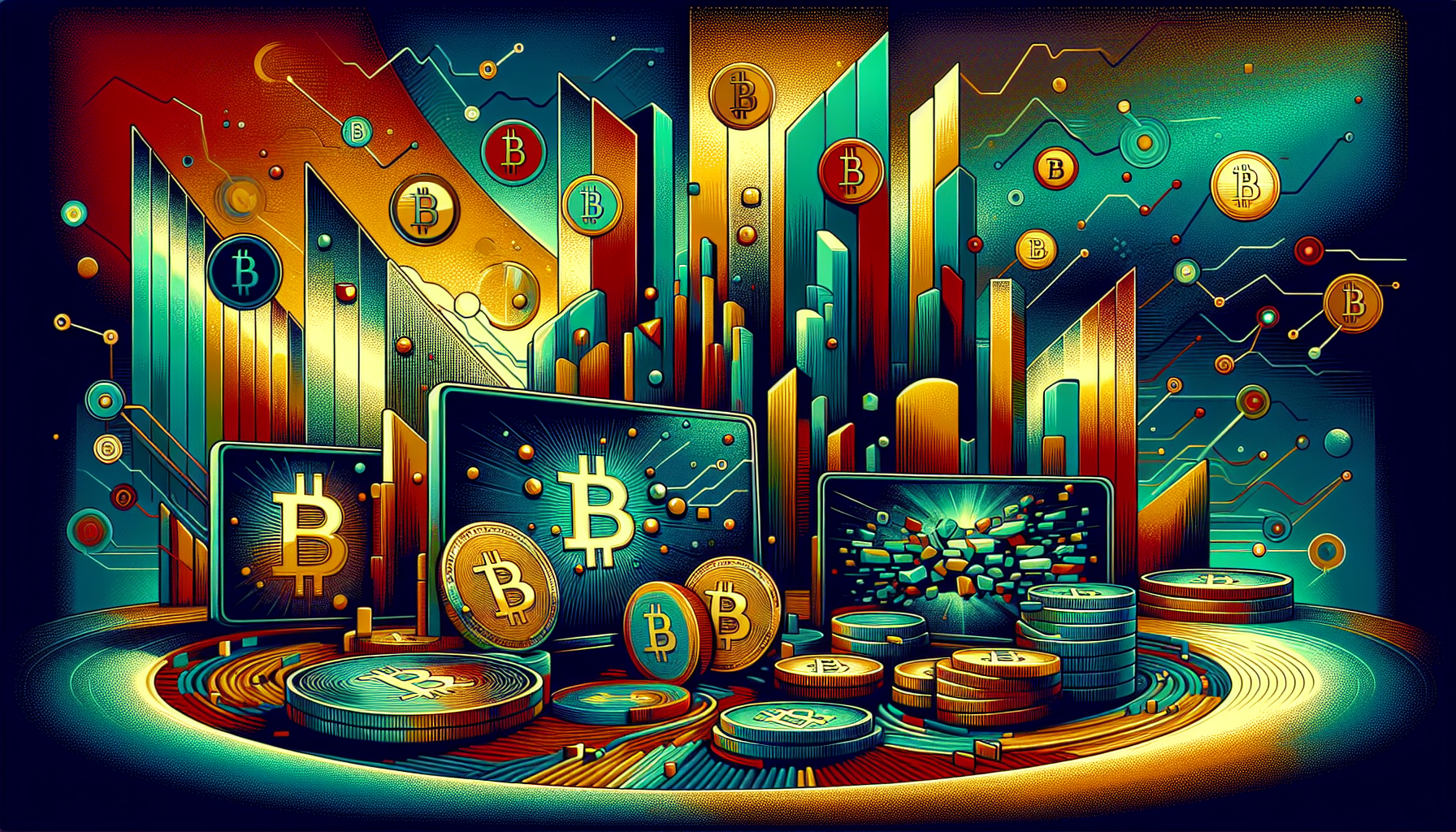 Colorful digital artwork featuring Bitcoin