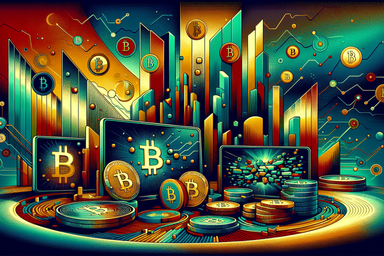 Colorful digital artwork featuring Bitcoin