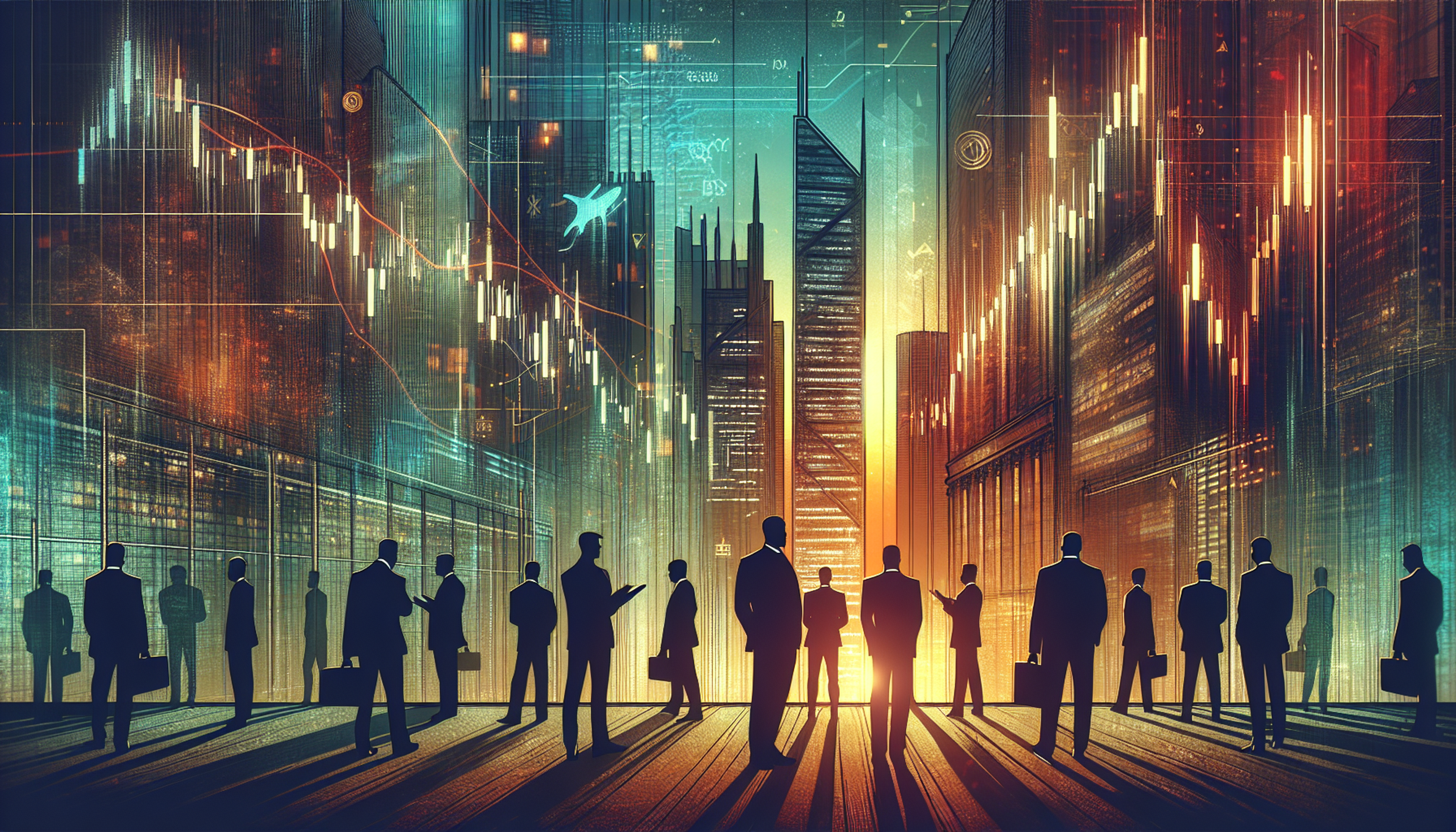 Silhouettes of business people against a city