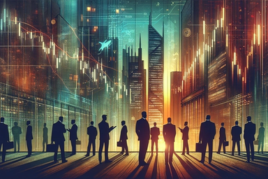 Silhouettes of business people against a city