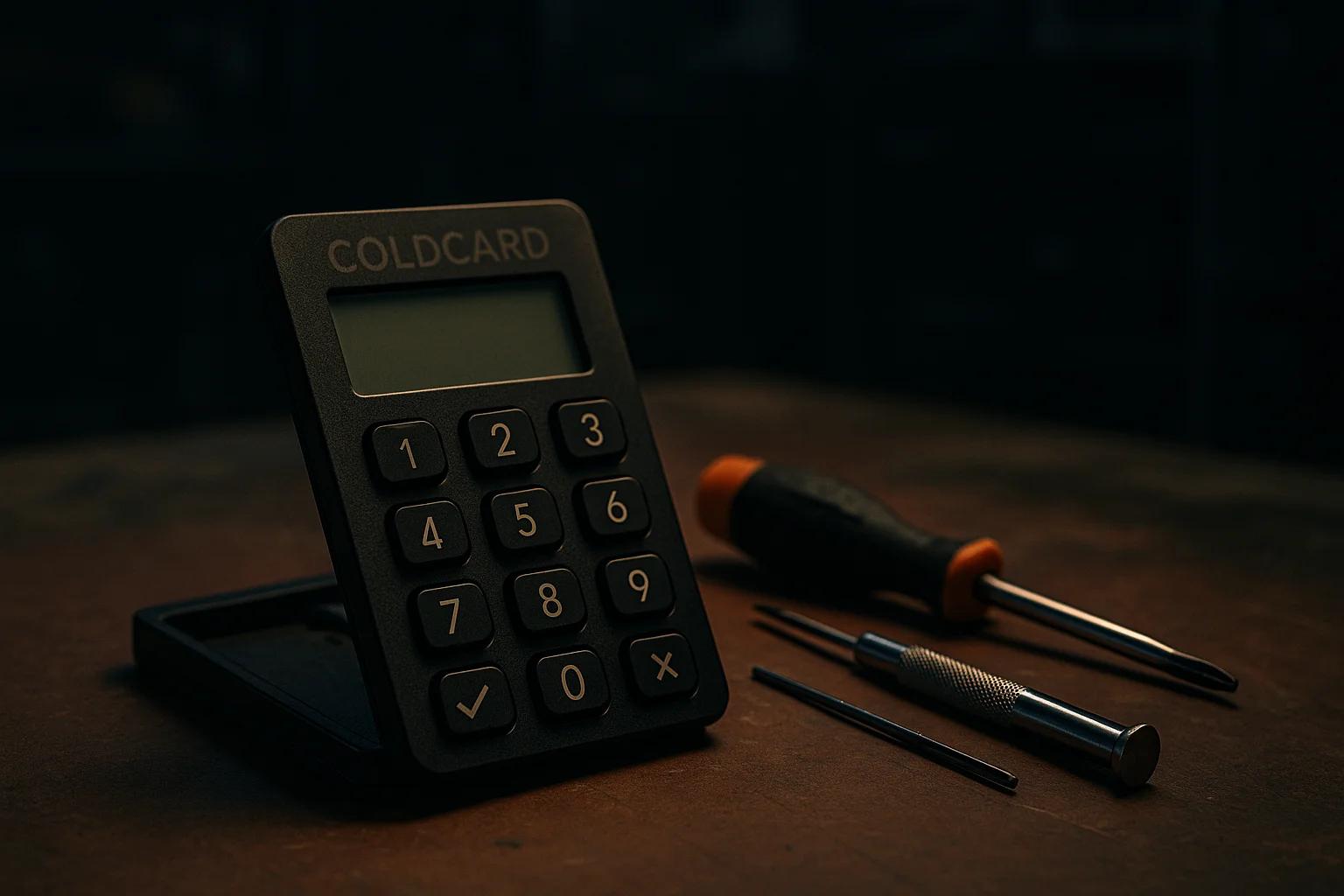 A black keypad device next to small tools on a