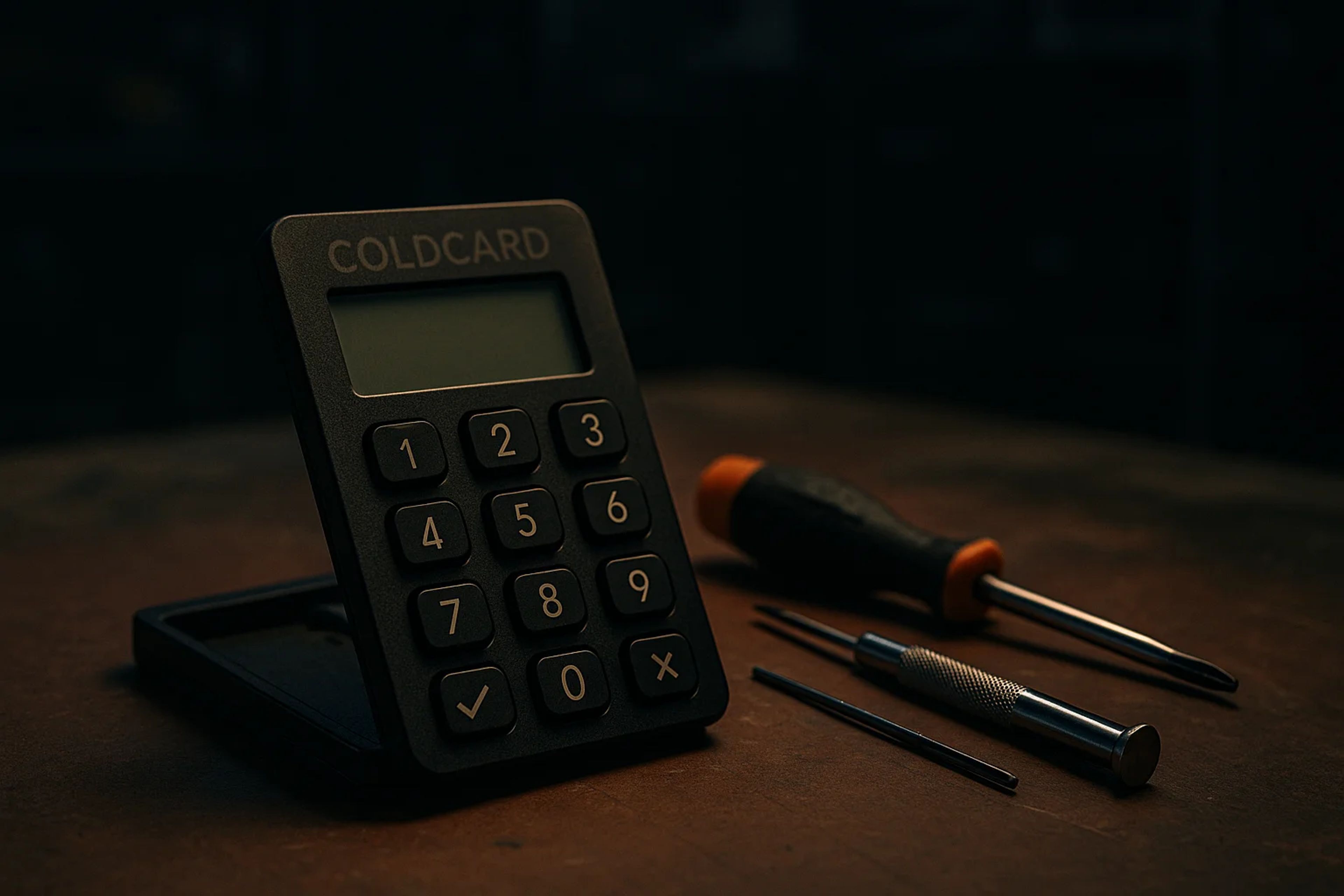 A black keypad device next to small tools on a