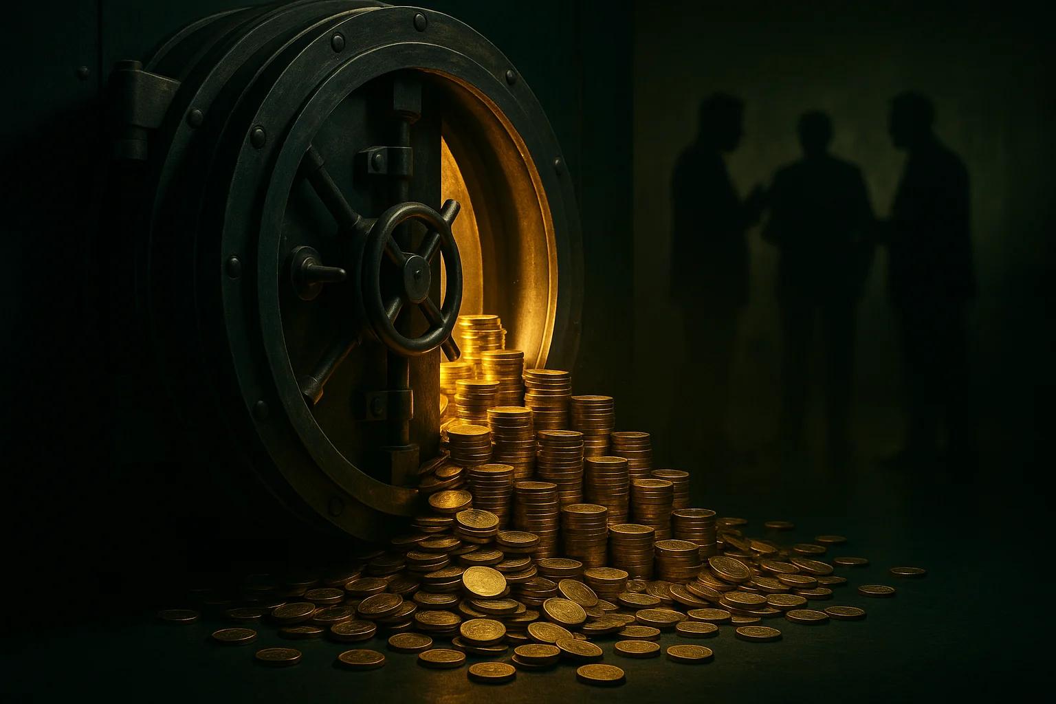 A vault door slightly open with coins spilling out