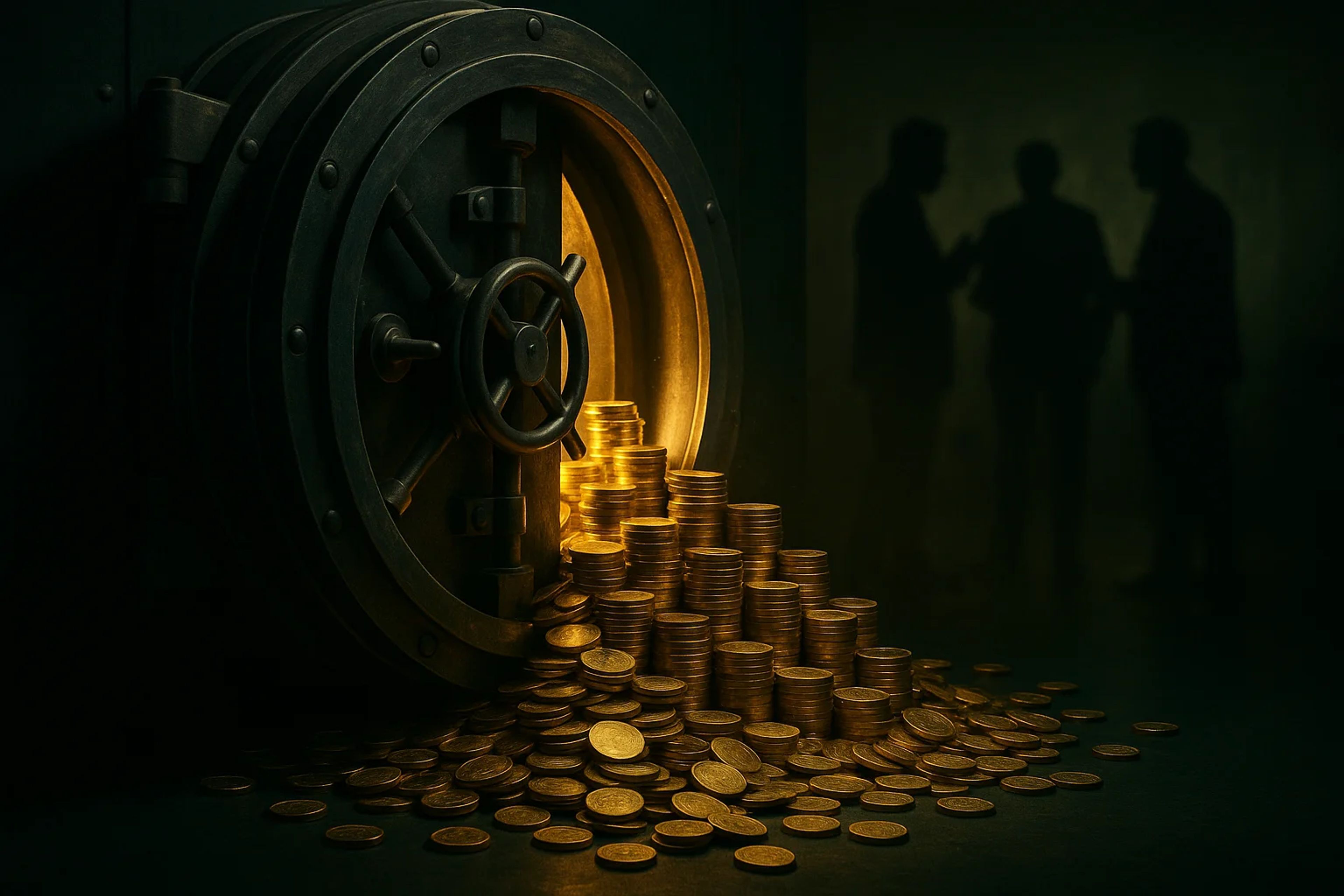 A vault door slightly open with coins spilling out