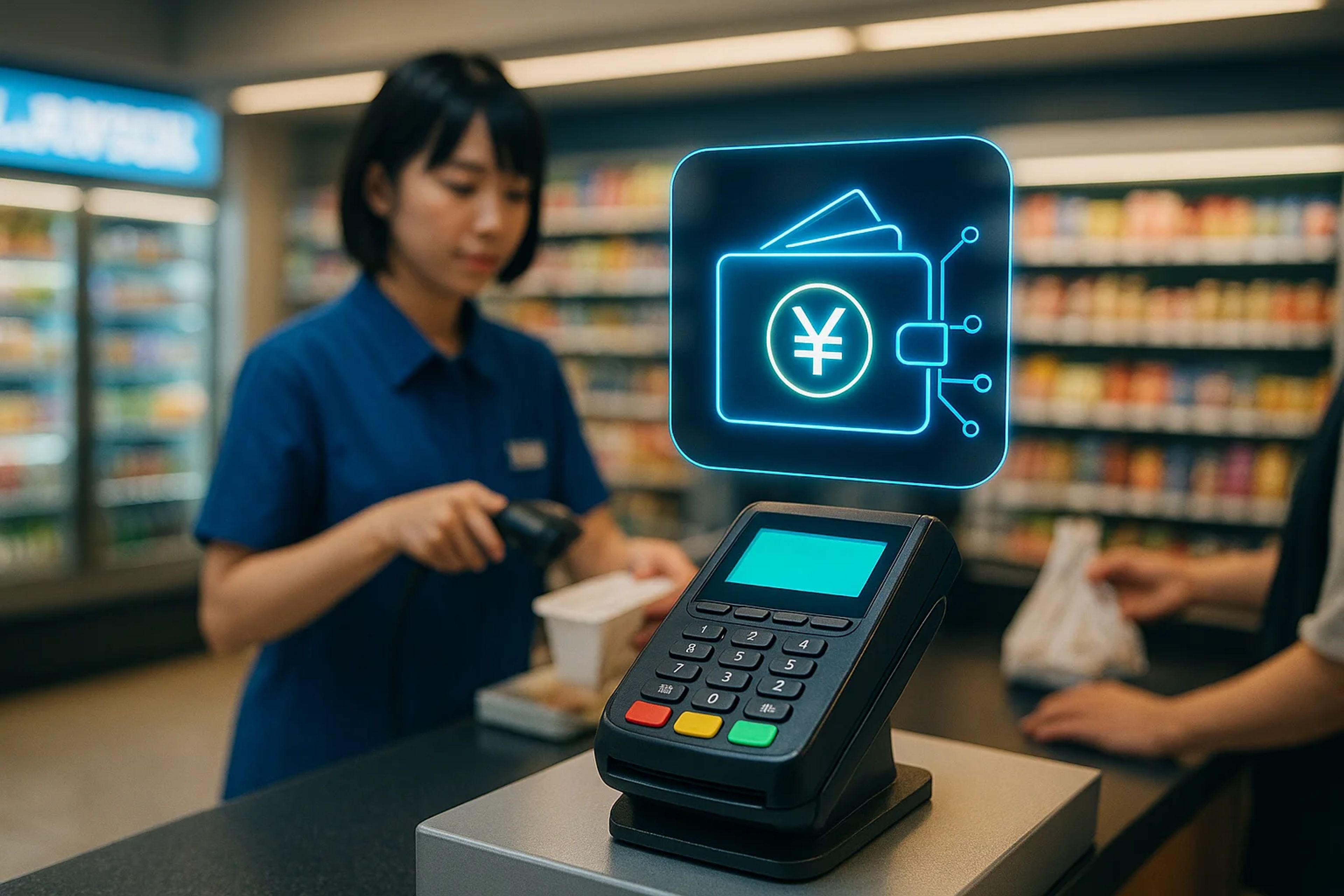 A payment terminal with a digital wallet icon, a