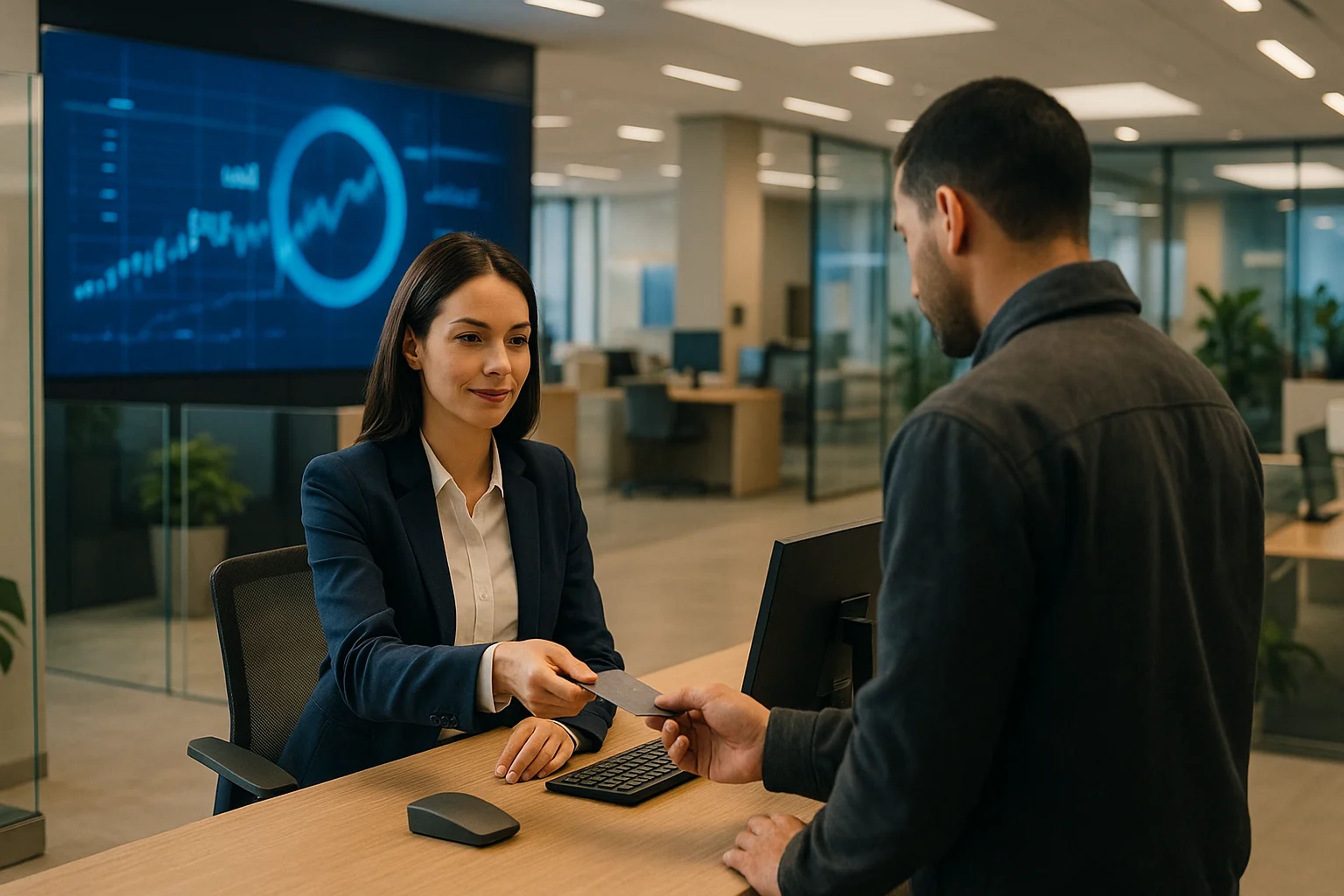 A woman in a suit hands a card to a man at a desk