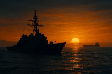 Silhouette of a warship against a sunset