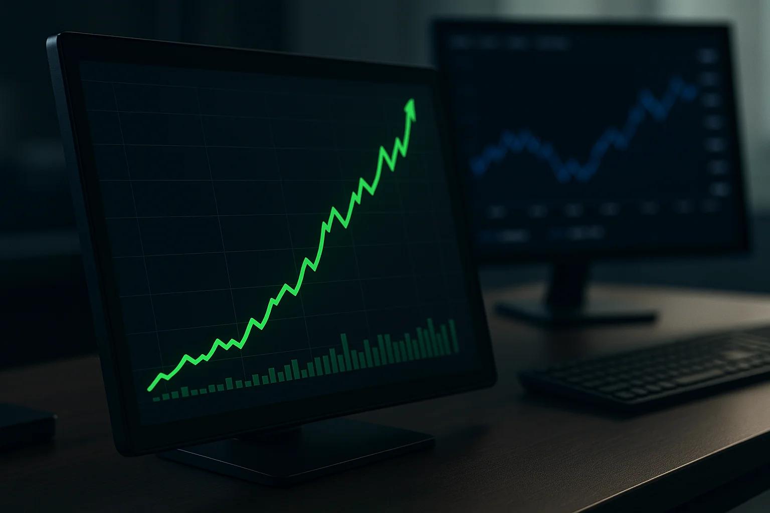 Two computer monitors displaying upward trending
