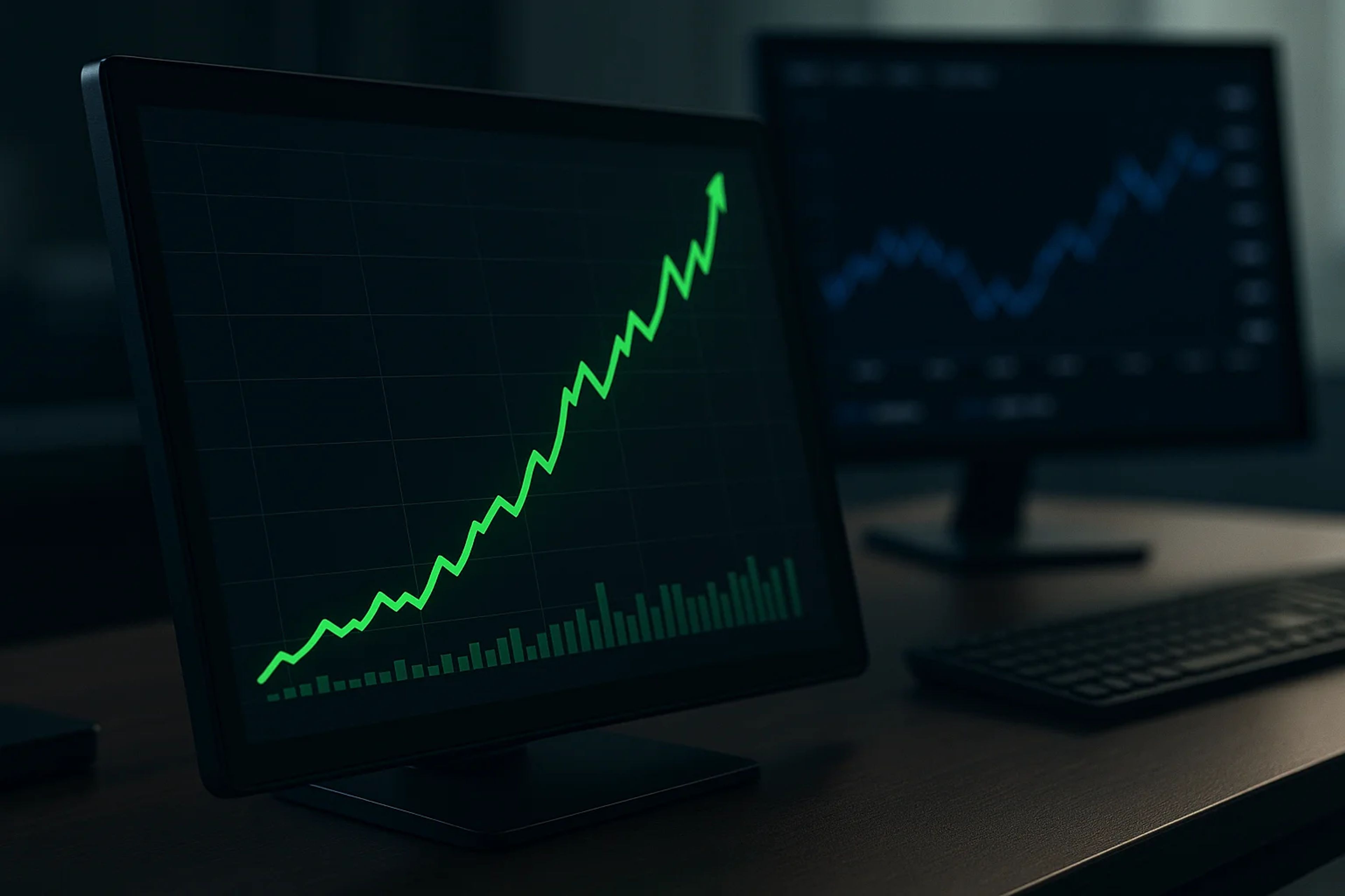Two computer monitors displaying upward trending