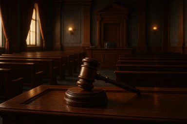 Wooden gavel on a judge's bench in a courtroom