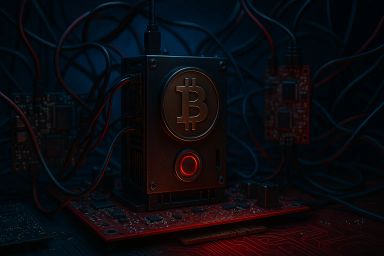 A dark, high-tech scene featuring a Bitcoin