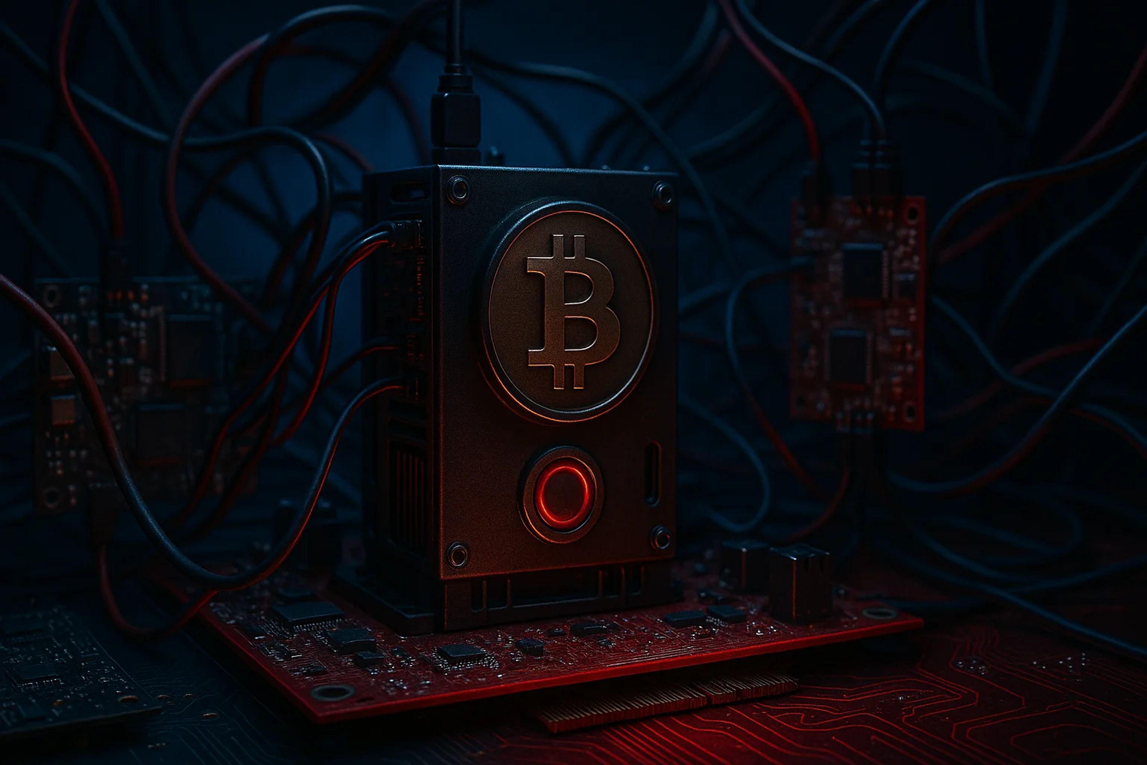 A dark, high-tech scene featuring a Bitcoin
