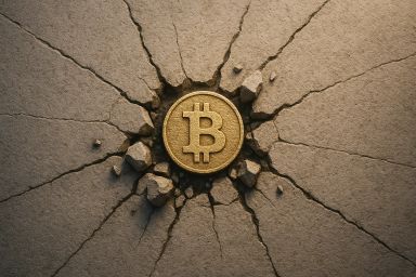 A gold Bitcoin symbol emerging from cracked