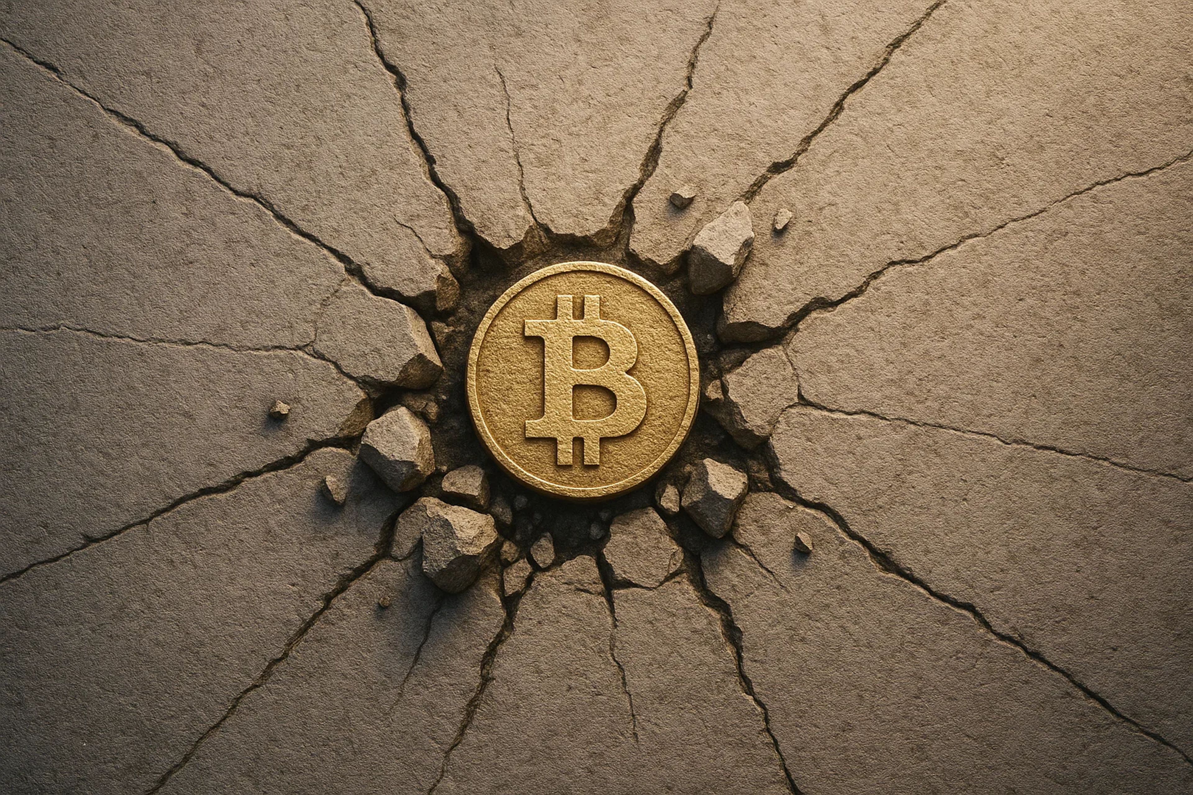 A gold Bitcoin symbol emerging from cracked