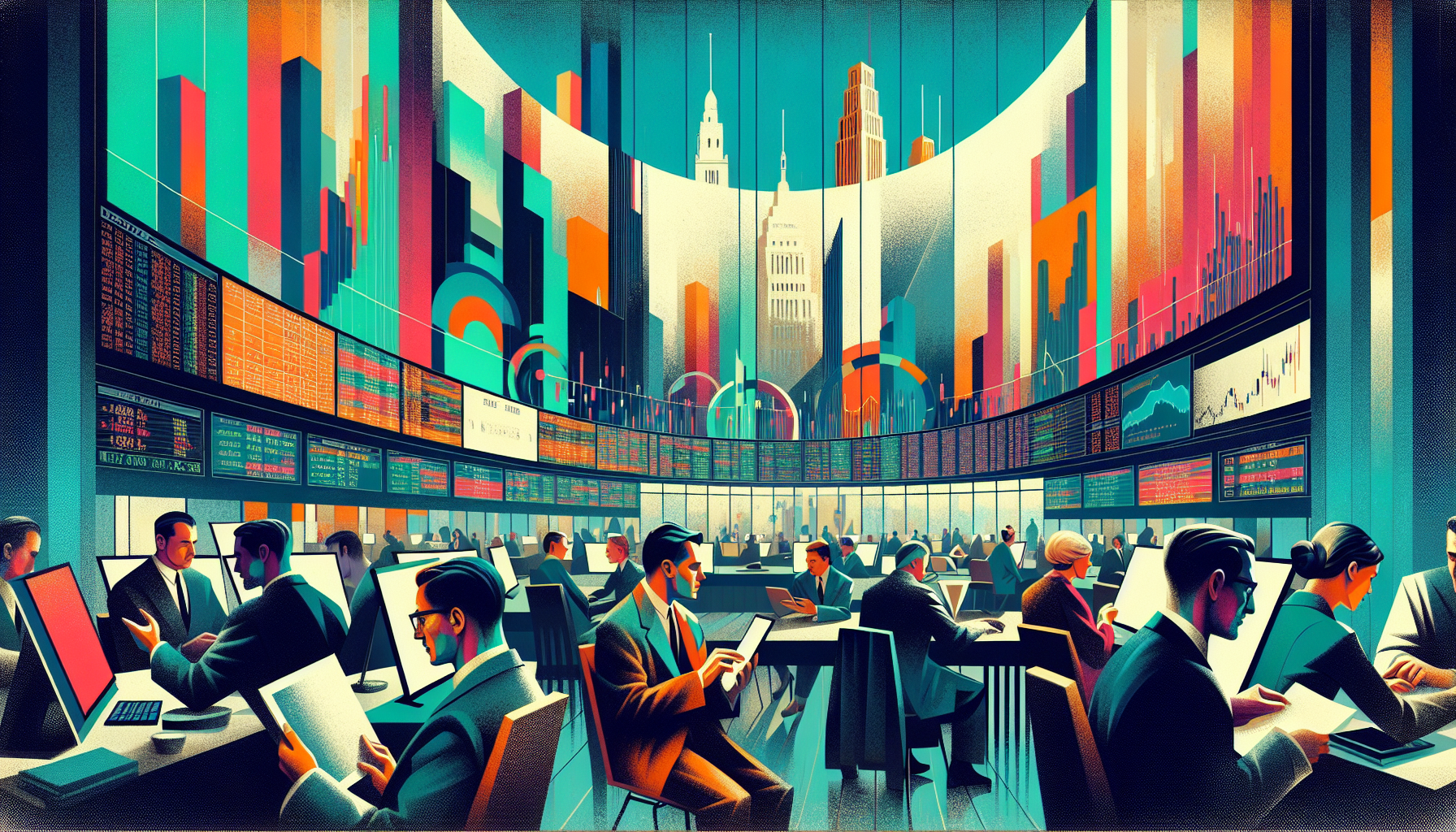 A vibrant trading floor with colorful screens and