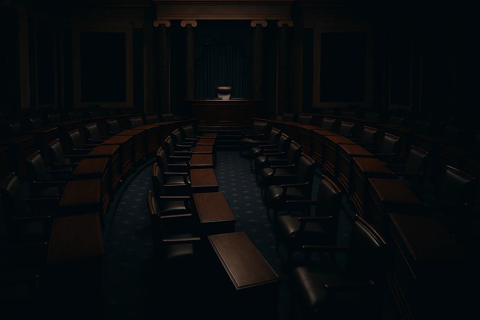 Dimly lit empty legislative chamber with wooden
