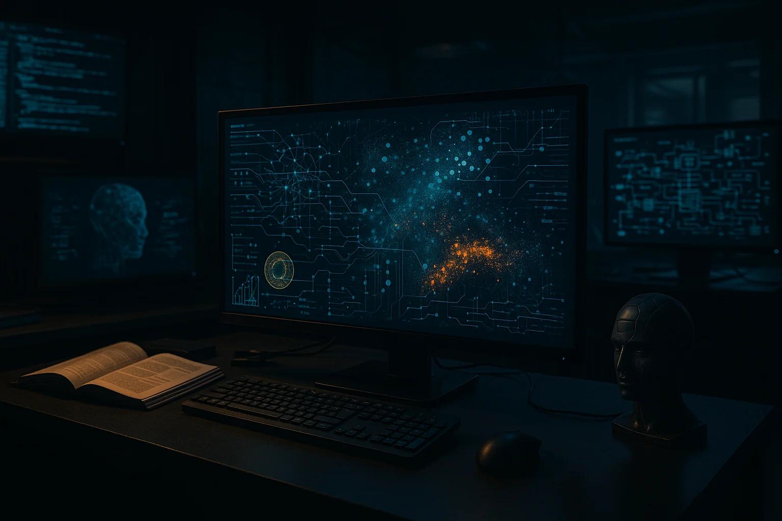 A dimly lit room with multiple computer screens