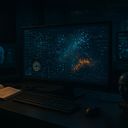 A dimly lit room with multiple computer screens