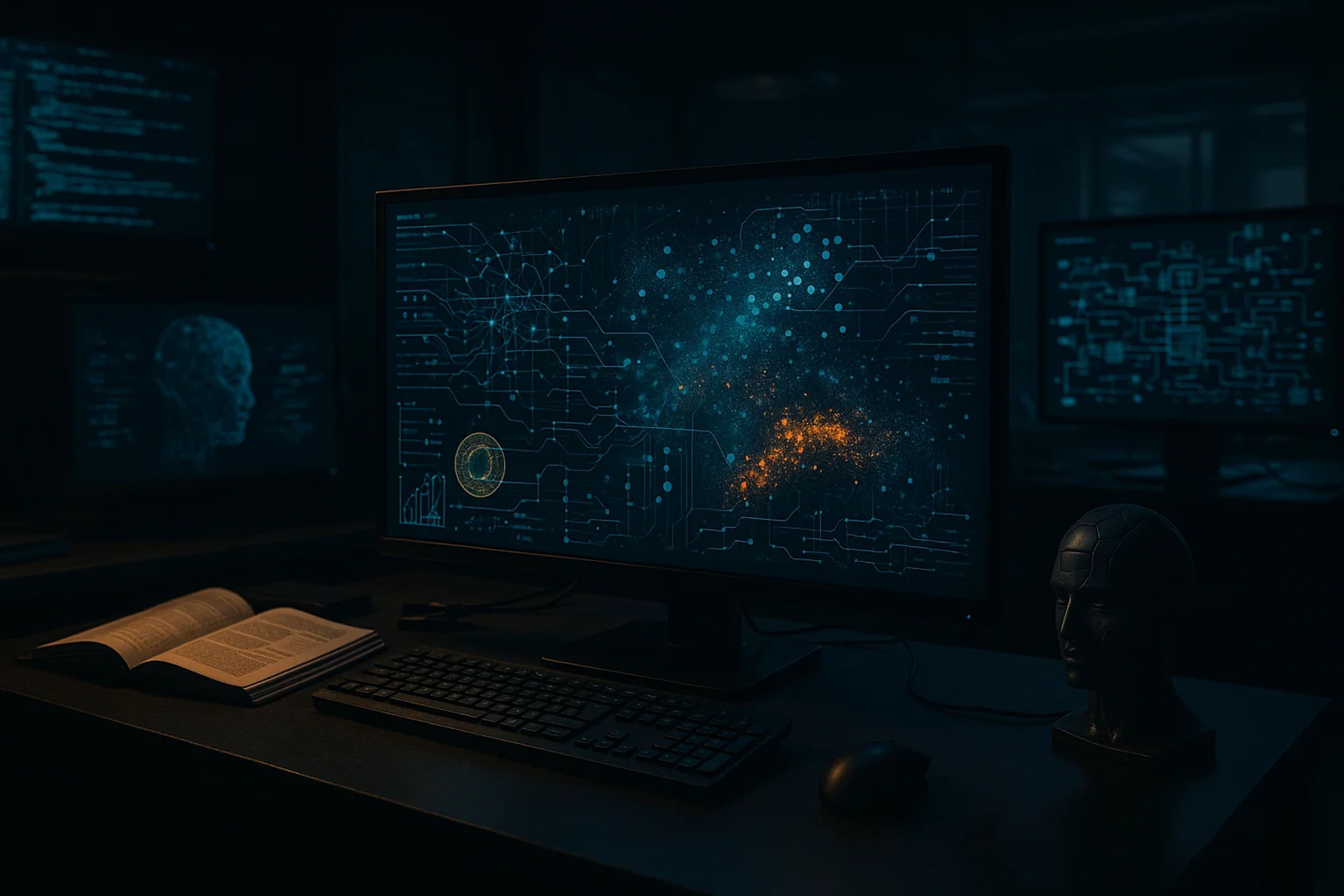 A dimly lit room with multiple computer screens