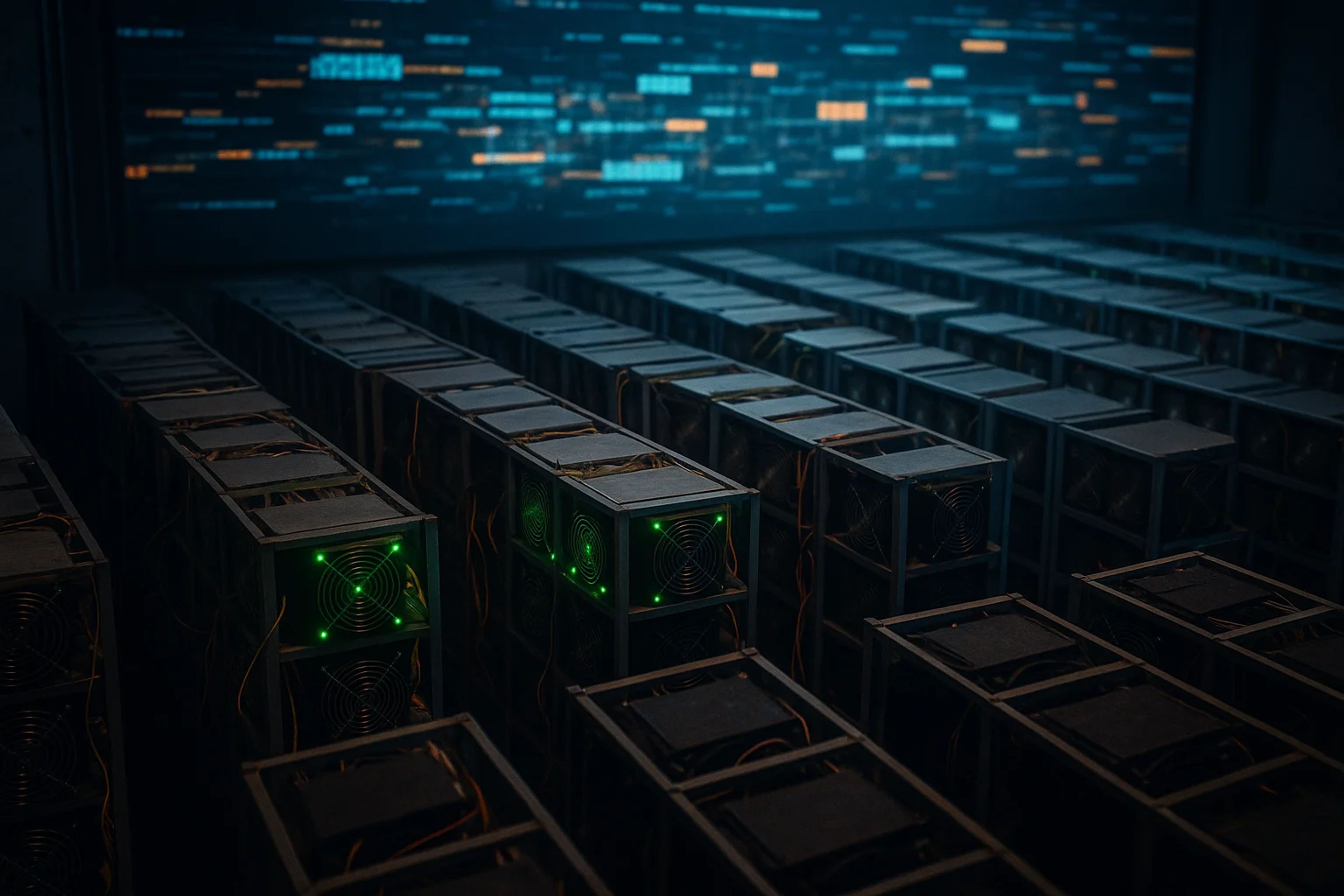 Rows of computer servers with green lights in a