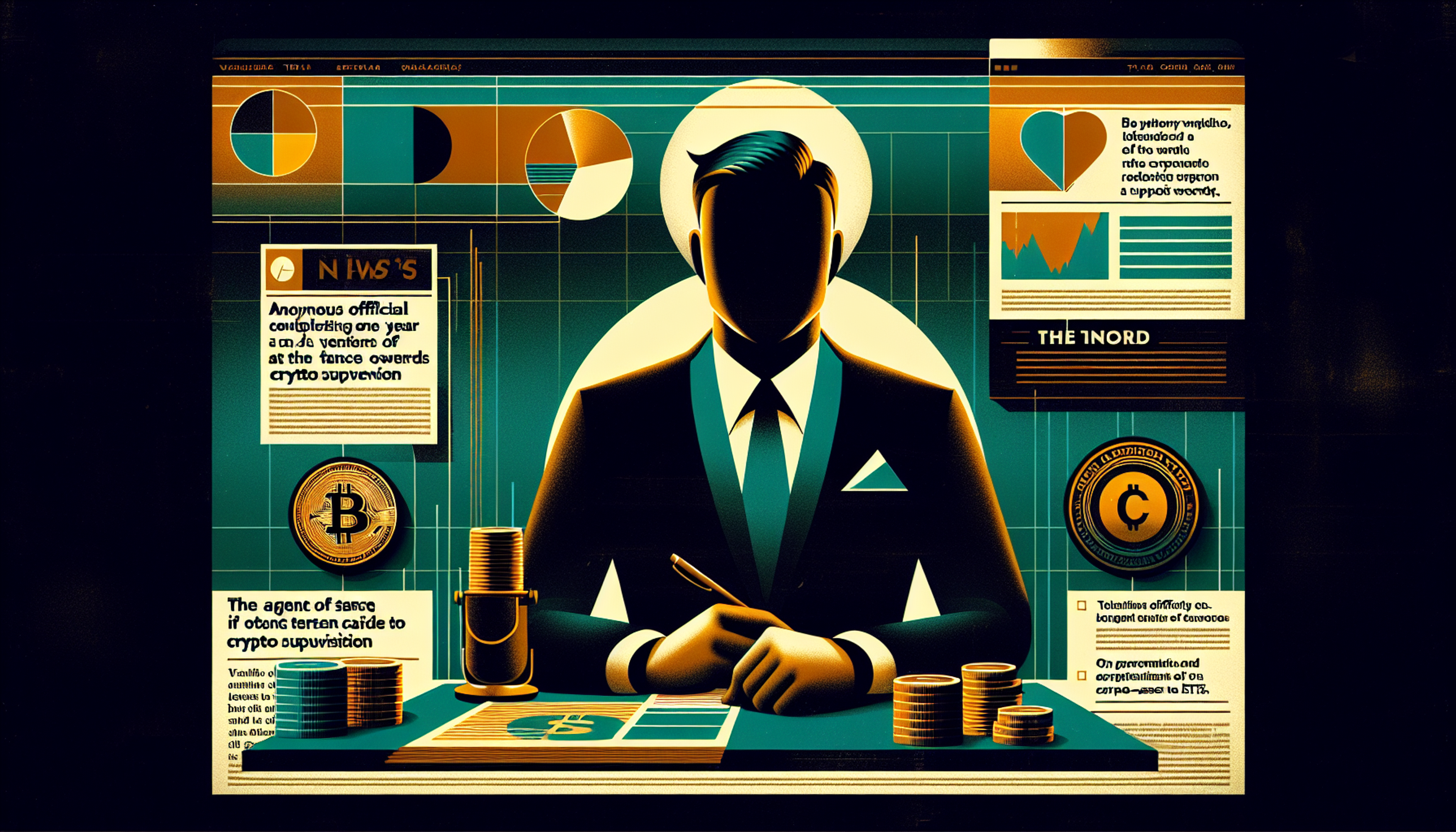 A stylized figure in a suit sits at a desk